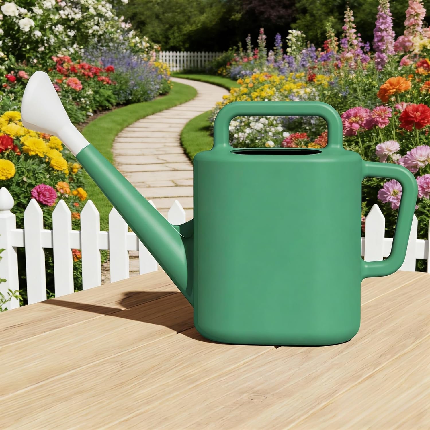 2 Gallon Resin Watering Can Green Lily – Top & Side Dual Handle for Easy Carry & Pour, Offset Opening Mess-Free Refill, Sturdy Garden Watering Can for Indoor & Outdoor Plants