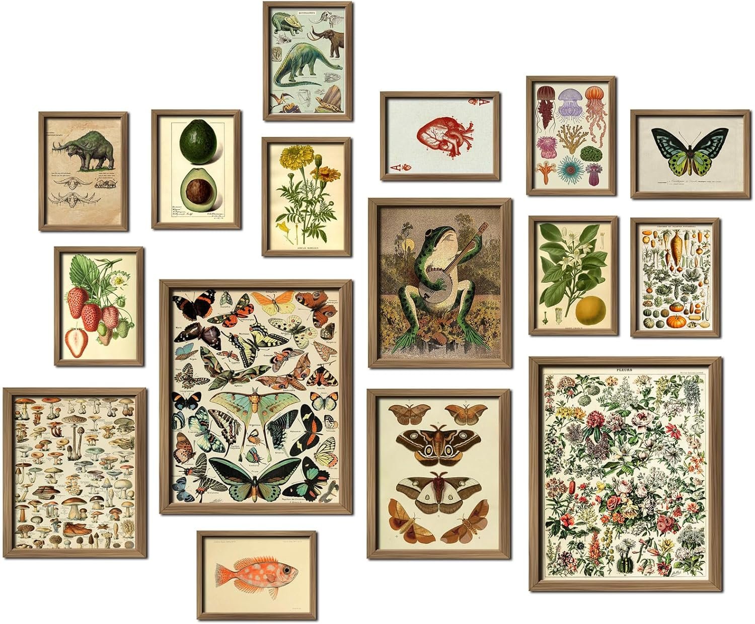 ANERZA 16 PCS Framed Vintage Wall Art Decor, Botanical Cottagecore Wall Prints for Bedroom, Gallery Wall Frame Set, Farmhouse Posters for Living Room Aesthetic, Rustic Dorm Home Collage Kit