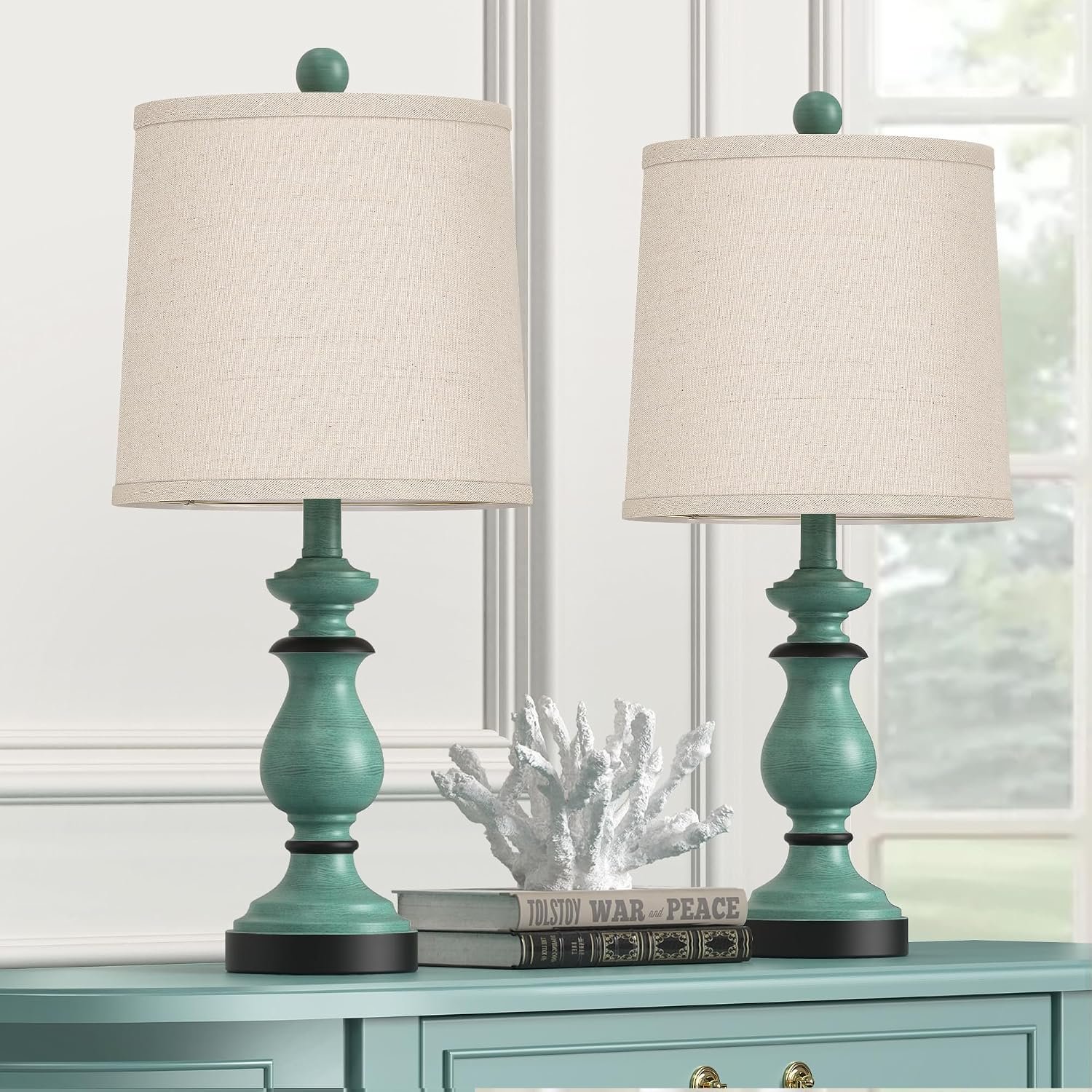 PARTPHONER Traditional Table Lamp Set of 2, Rustic Farmhouse Table Lamps for Living Room Bedroom, 22″ Bedside Desk Lamps Vintage Nightstand Lamps with Linen Shades, Green