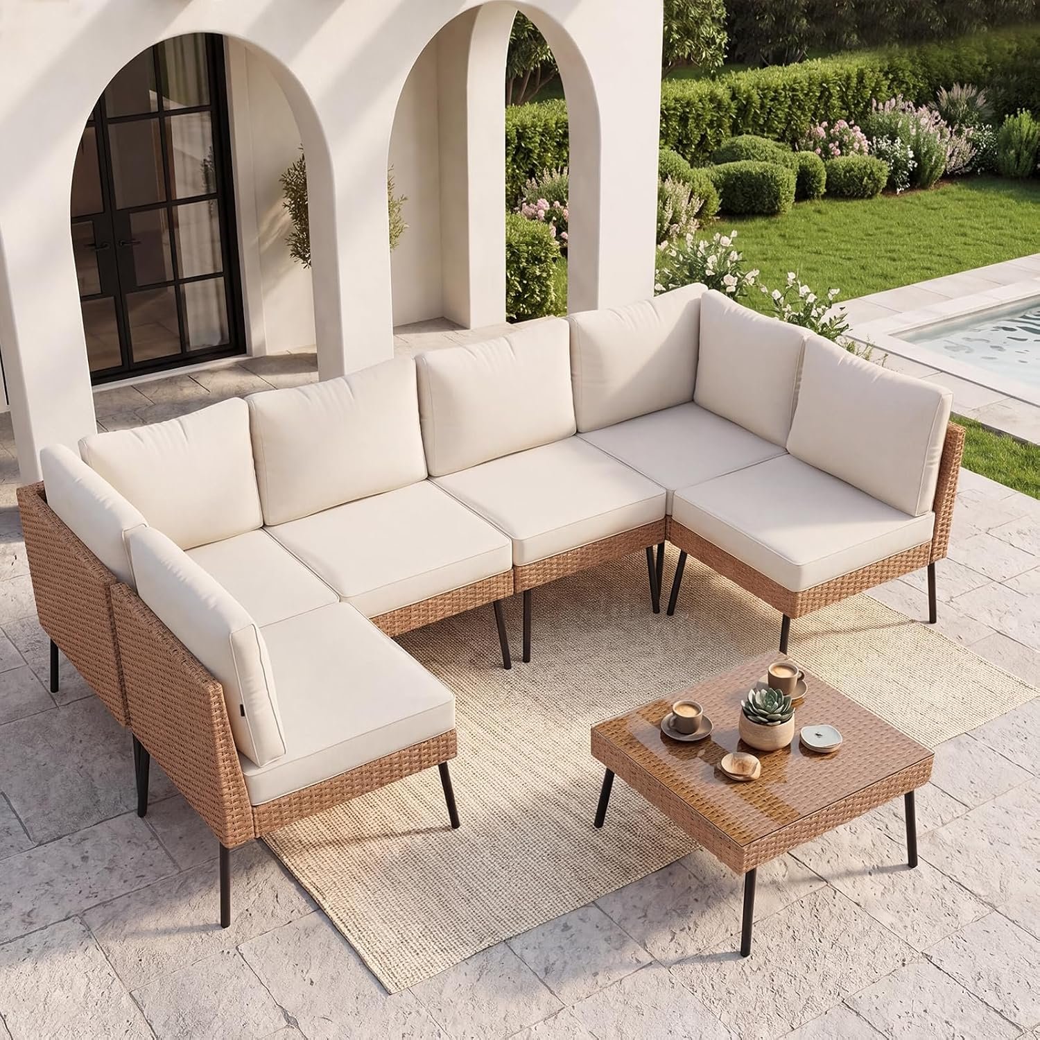 Aoxun 7-Piece Patio Furniture Set, Wicker Outdoor Furniture with Water Resistant Thick Cushions, Patio Conversation Set Outdoor Sectional Sofa with Coffee Table for Backyard Poolside, Beige