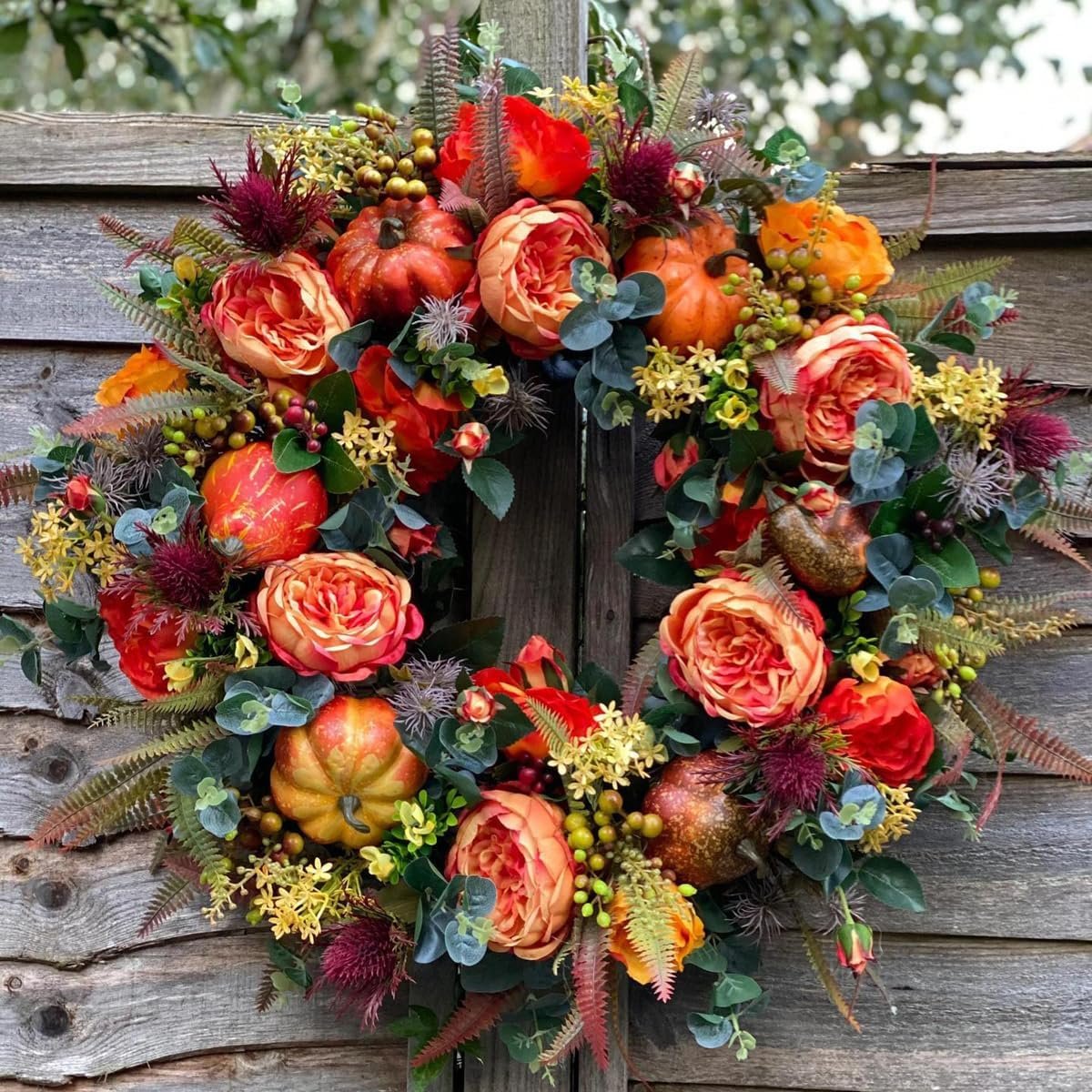 Farmhouse Fall Wreath for Front Door – Artificial Farmhouse Decor with Eucalyptus and Harvest Accents, All-Weather Thanksgiving Halloween Decoration (A)