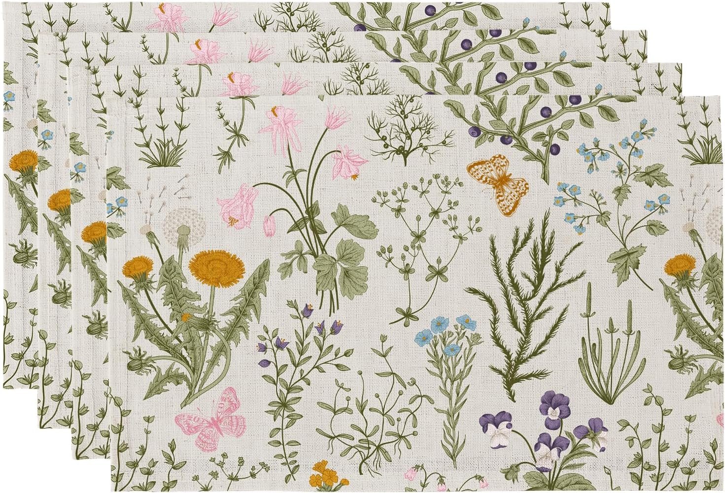 QiyI Boho Placemats Set of 4, 12×18 Inch Linen Fabric Floral Place Mats for Kitchen Dinning, Farmhouse Rustic Cloth Table Mats, Washable Placemat Botanical Party Table Décor, Wildflowers Herbs