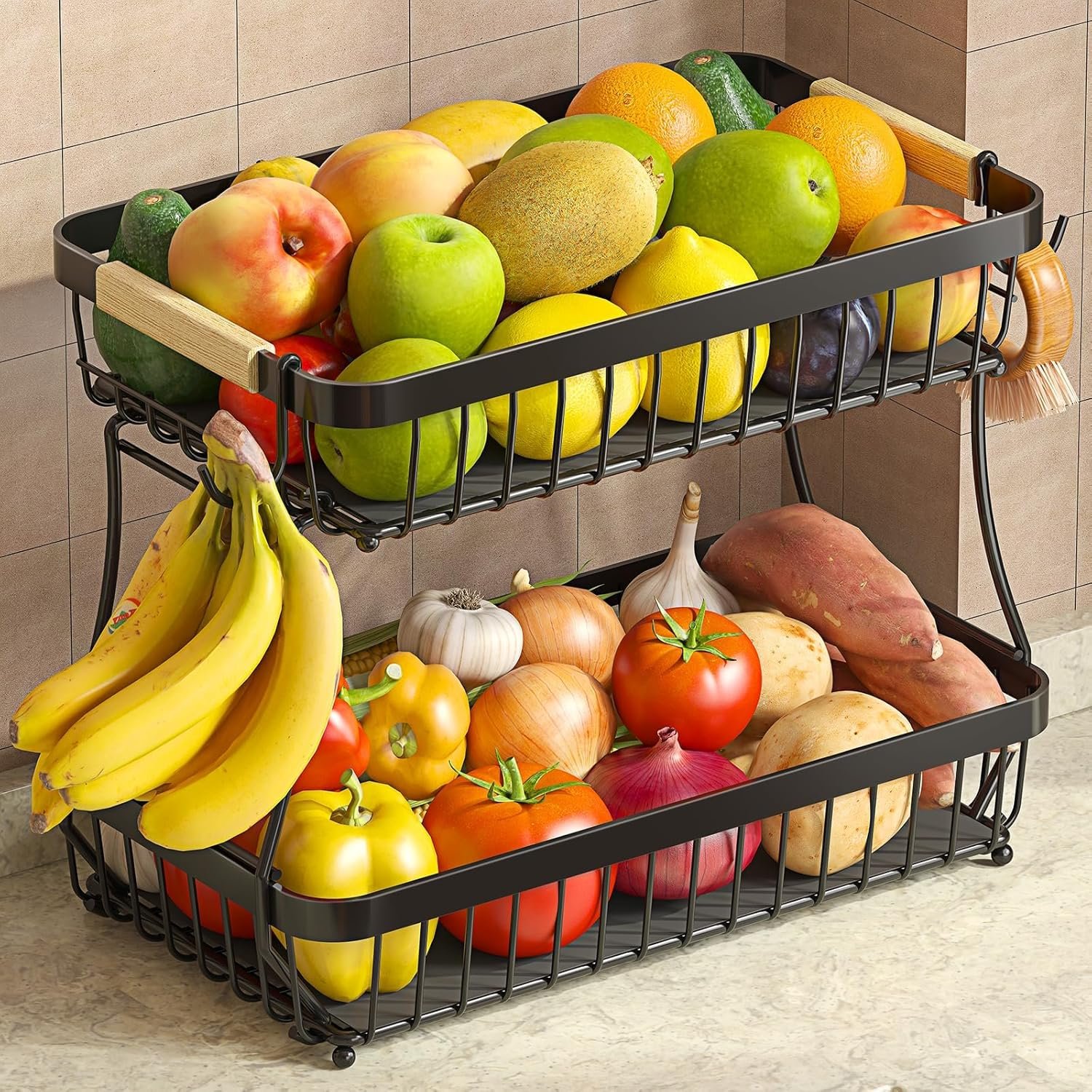 Sevenblue 2-Tier Fruit Basket with Banana Hangers, Detachable Metal Bowl | Wooden handle, protective mats included. Versatile holder for bread, snacks, and veggies. Large 2 tier metal design.