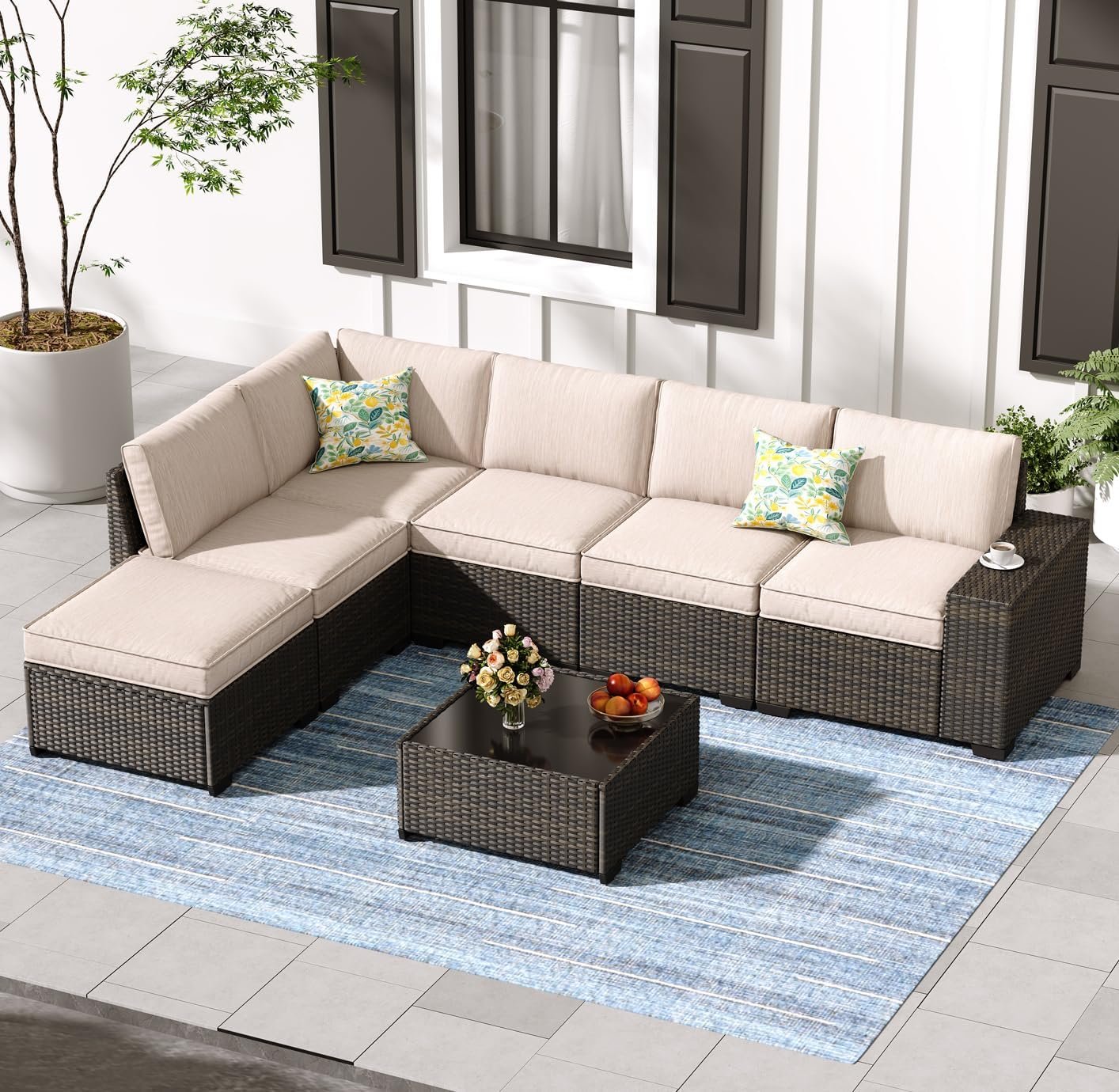 Jing’s Villa 7-Piece Patio Furniture Set, All-Weather Outdoor Wicker Sectional Sofa with Cushions, Tempered Glass Table & Ottoman, Rattan Conversation Seating for Porch, Garden, Backyard,Beige
