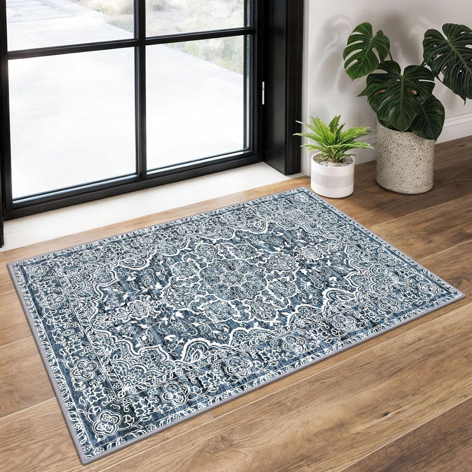 KUTA Entryway Rugs Indoor Non-Slip Washable Small Area Rug 2×3 Blue Entrance Carpet Soft Printed Vintage Floral Distressed Tribal Farmhouse Low-Pile Door Mat for Bedroom Kitchen