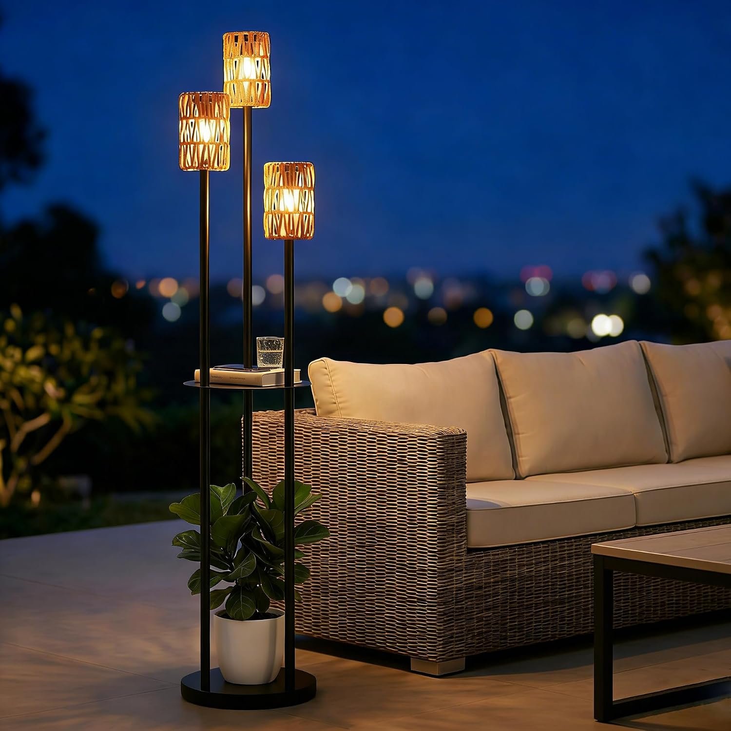 Solar Outdoor Floor Lamp Waterproof, Cordless Outdoor Lamps for Patio with Shelves Plant Stand, Rattan Solar Lamp for Outside, Wireless Outdoor Light for Yard Garden Deck Porch Decor