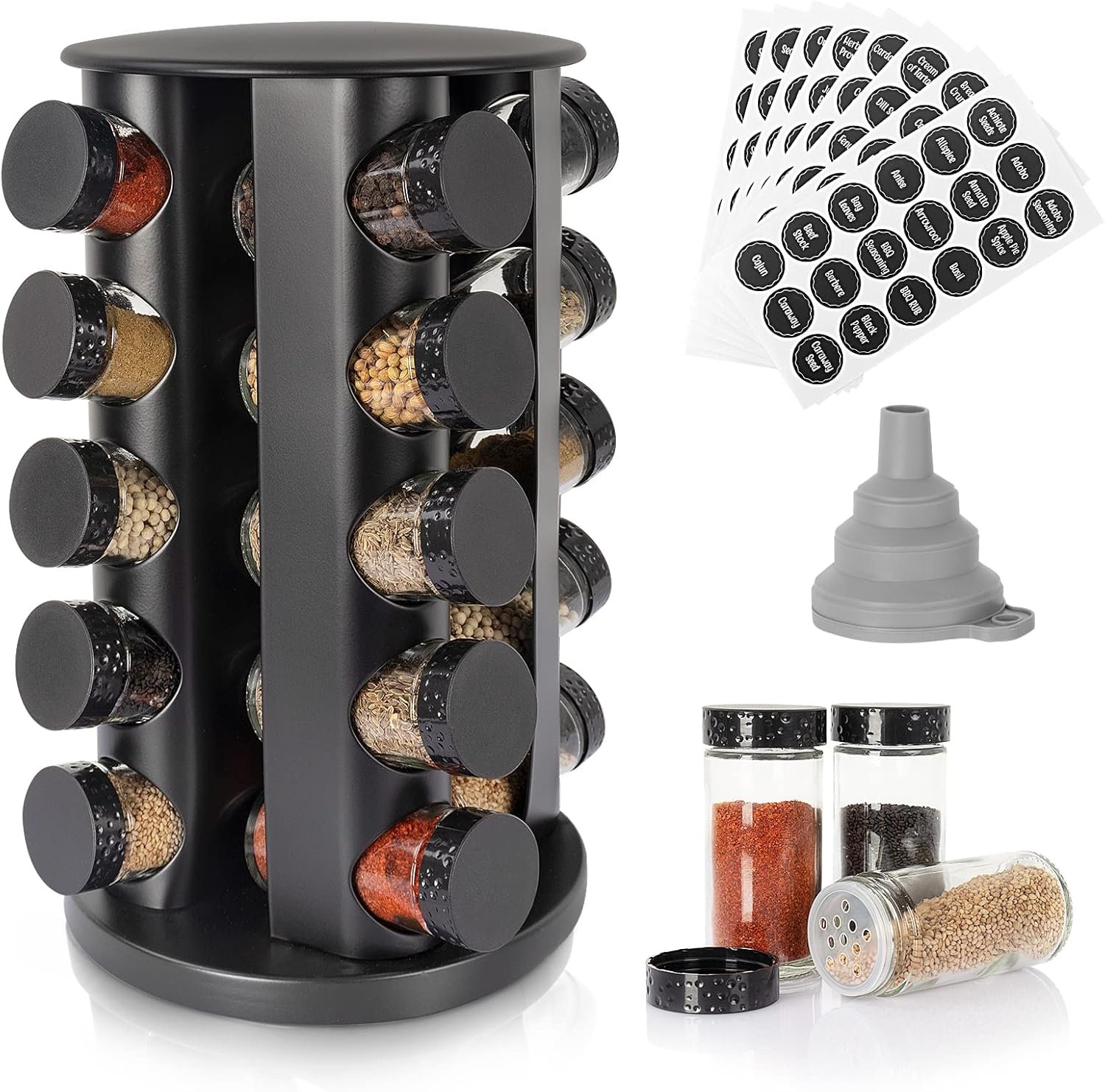Tianifa Black Countertop Rotating Spice Rack, Round Empty 20-Jars Revolving Spice Rack Organizer, 135 Spice Labels with Funnel Complete Set, for Kitchen Countertop, Cabinet