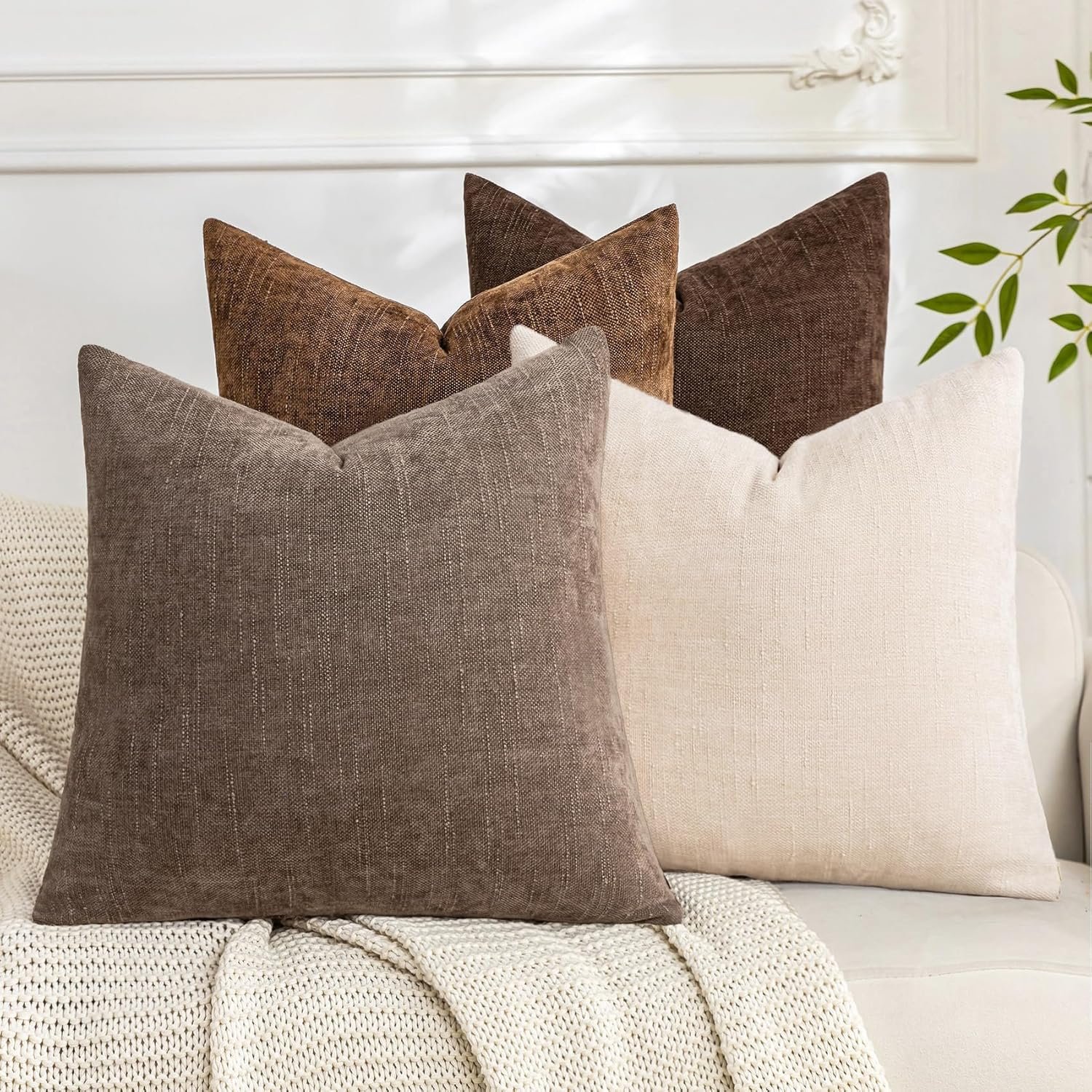 Set of 4 Soft Textured Throw Pillow Covers 18×18 Inch Cozy Decorative Farmhouse Cushion Cover Square Accent Pillow Cases for Bed Couch Sofa Living Room, Beige Taupe Brown