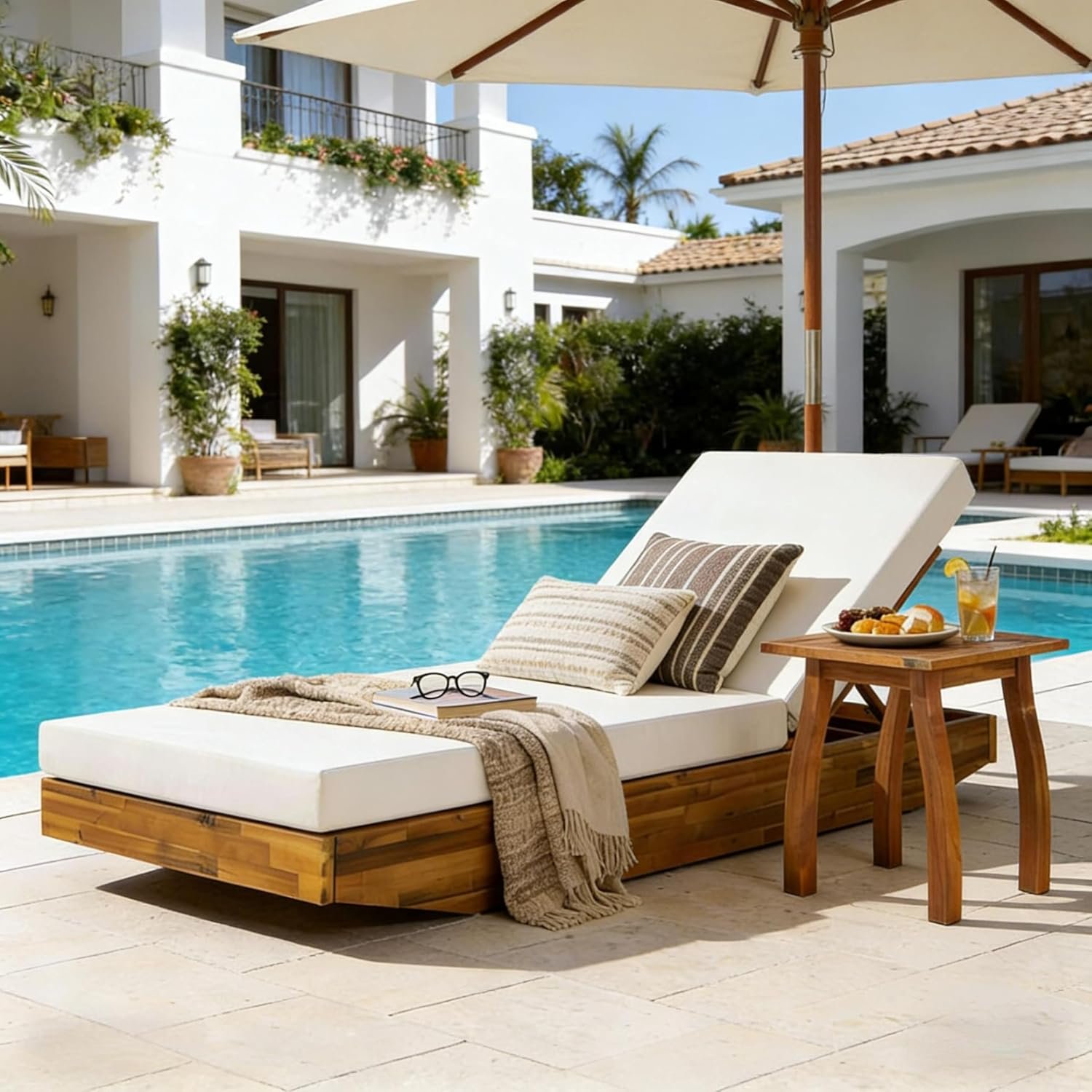 Christopher Knight Home Maril Acacia Wood Chaise Lounge Chair Outdoor, Adjustable Backrest Sun Lounger Recliner, Patio Outdoor Chaise Lounge with 4″ Thick Water-Resistant Cushion, Teak+Cream