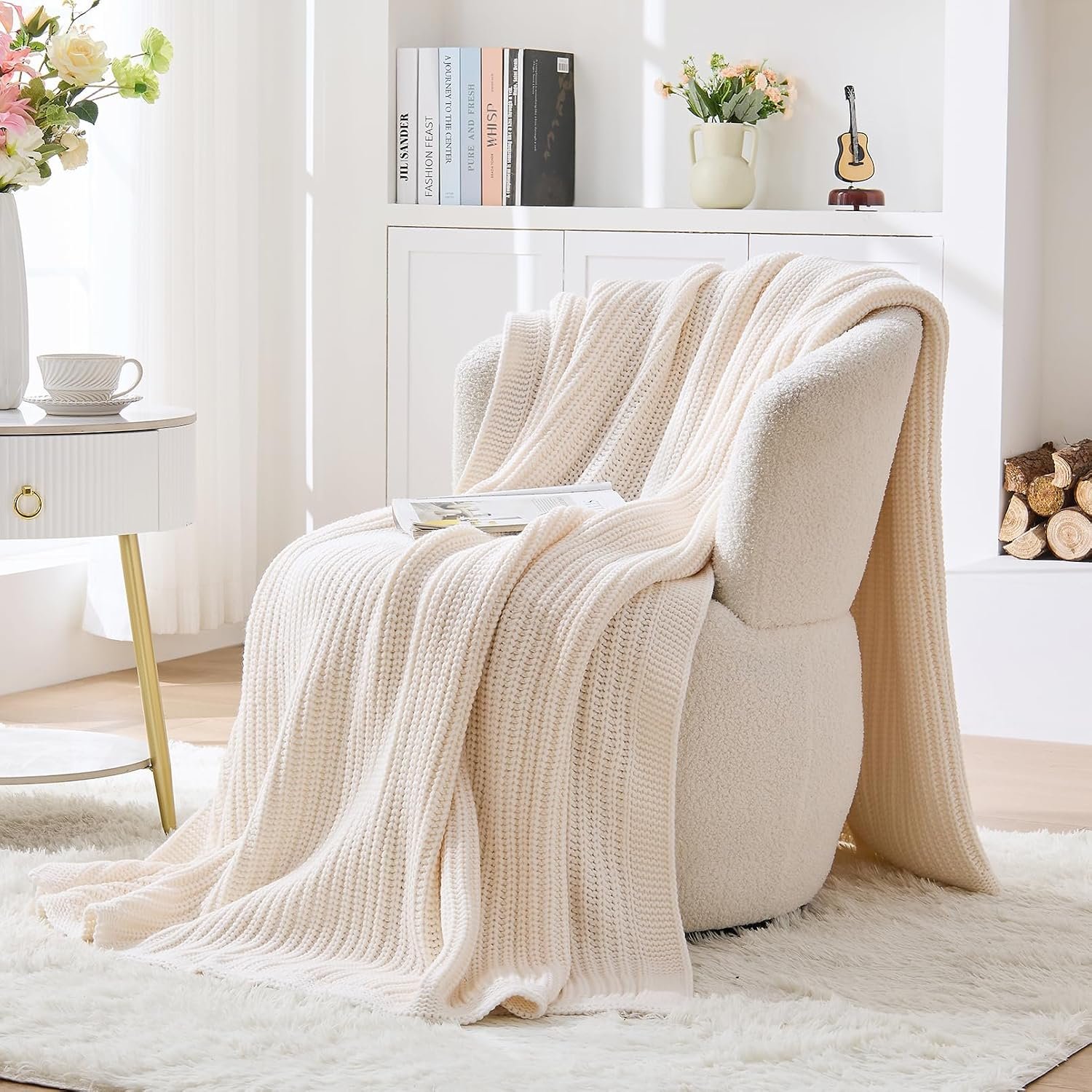 Cream White Chunky Knit Throw Blanket 50″x60″ – Soft Cozy Thick Knitted Blanket for Couch Sofa Bed, Cute Christmas Decorative Throw for Living Room
