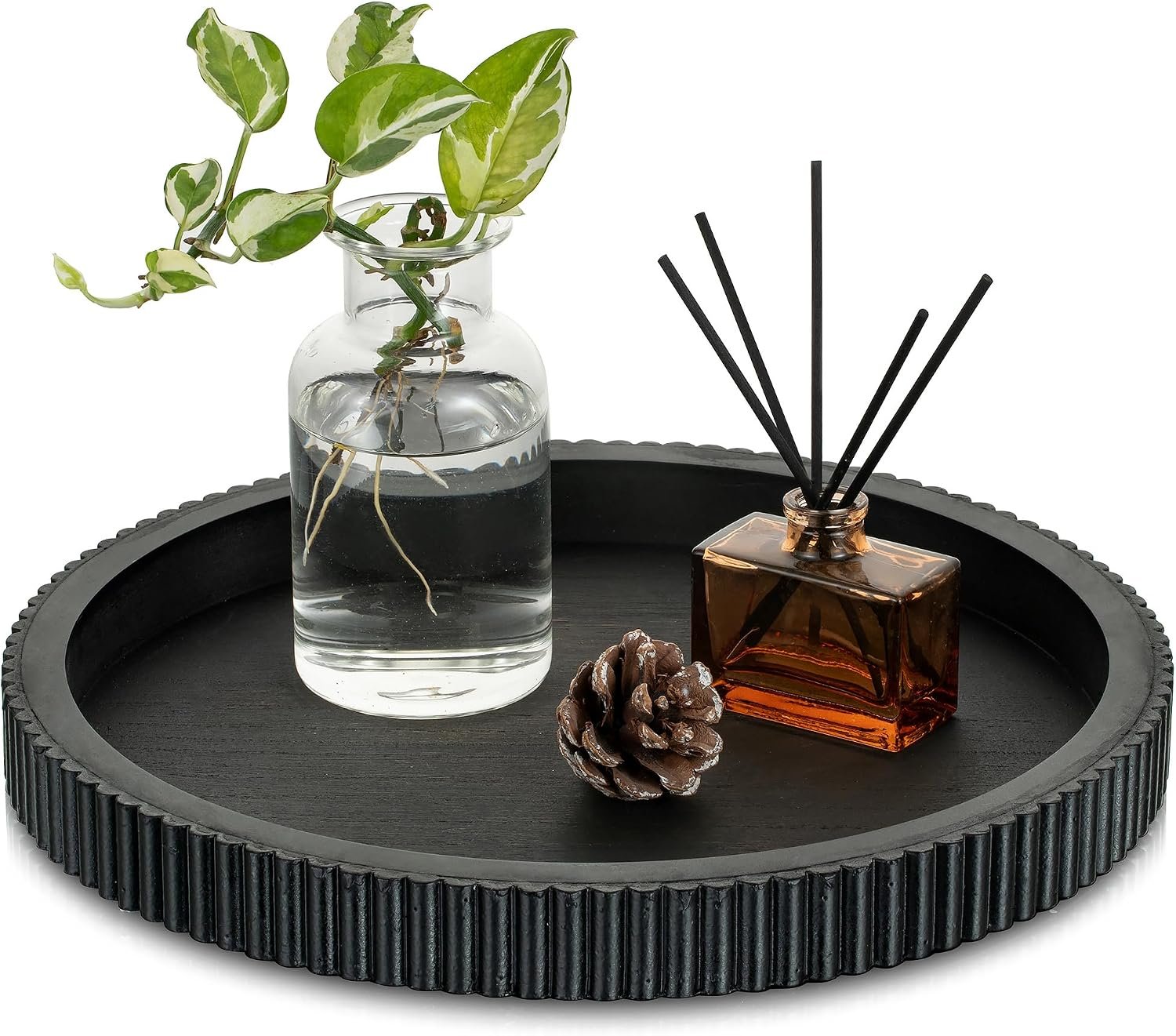 Hanobe Decorative Tray for Coffee Table: 12″ Black Round Centerpiece Tray for Home Decor – Wood Modern Farmhouse Decor for Living Dining Room Kitchen Island Tabletop