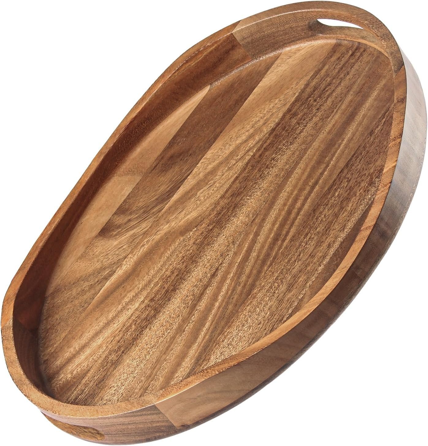 Acacia Wood Serving Tray with Handles – 17″x13″ Round, Decorative Ottoman Tray for Living Room, Coffee Table, Breakfast in Bed, Candle Display