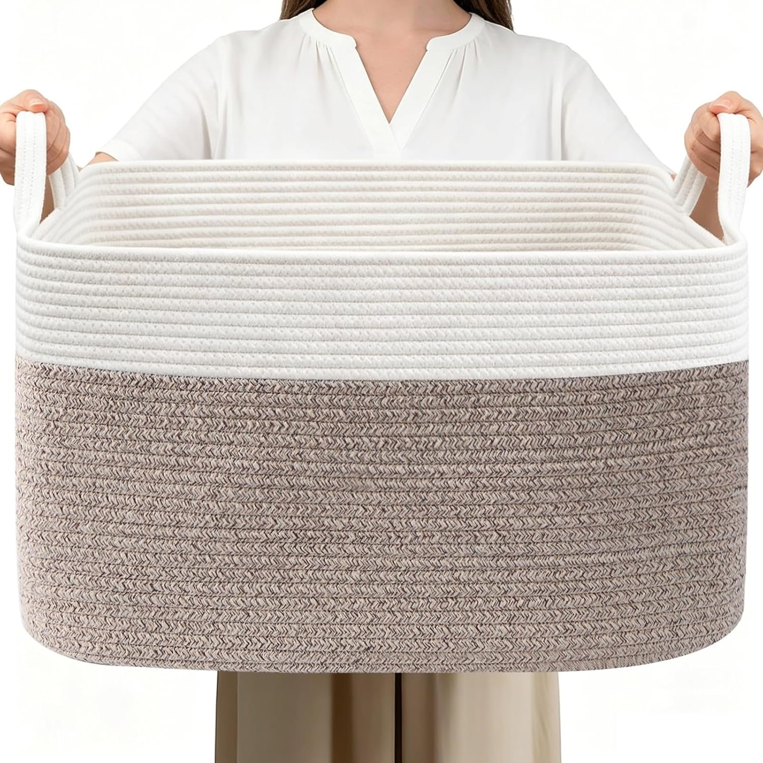 65L Collapsible Woven Rope Laundry Basket with Handles, White/Brown | 21x16x12 Foldable Rectangular Blanket Basket for Toys, Clothes & Pillows,Ideal for Nursery, Bathroom, Bedroom, Living Room