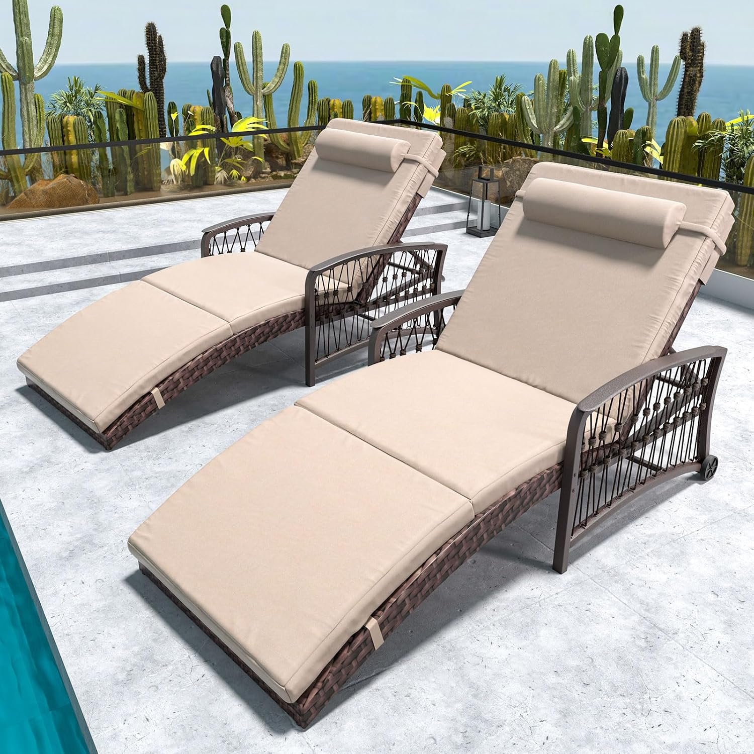 Outdoor Chaise Lounge Set of 2 Outdoor Wicker Rattan Patio Chairs Recliners with 5-Position Backrest & Thickened Cushions & Wheels for Backyard Pool Beach