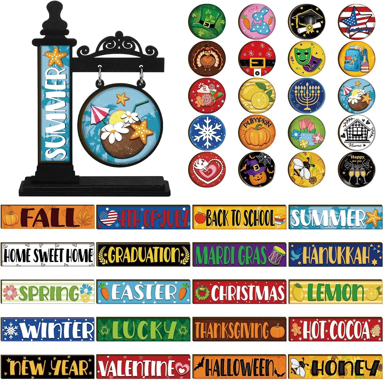 RattanView 41 Pcs Interchangeable Seasonal Decor Mini Standing Sign Farmhouse Convertible Holiday Wood Welcome Sign for Summer 4th of July Home Sweet Home Table Decor(Black)