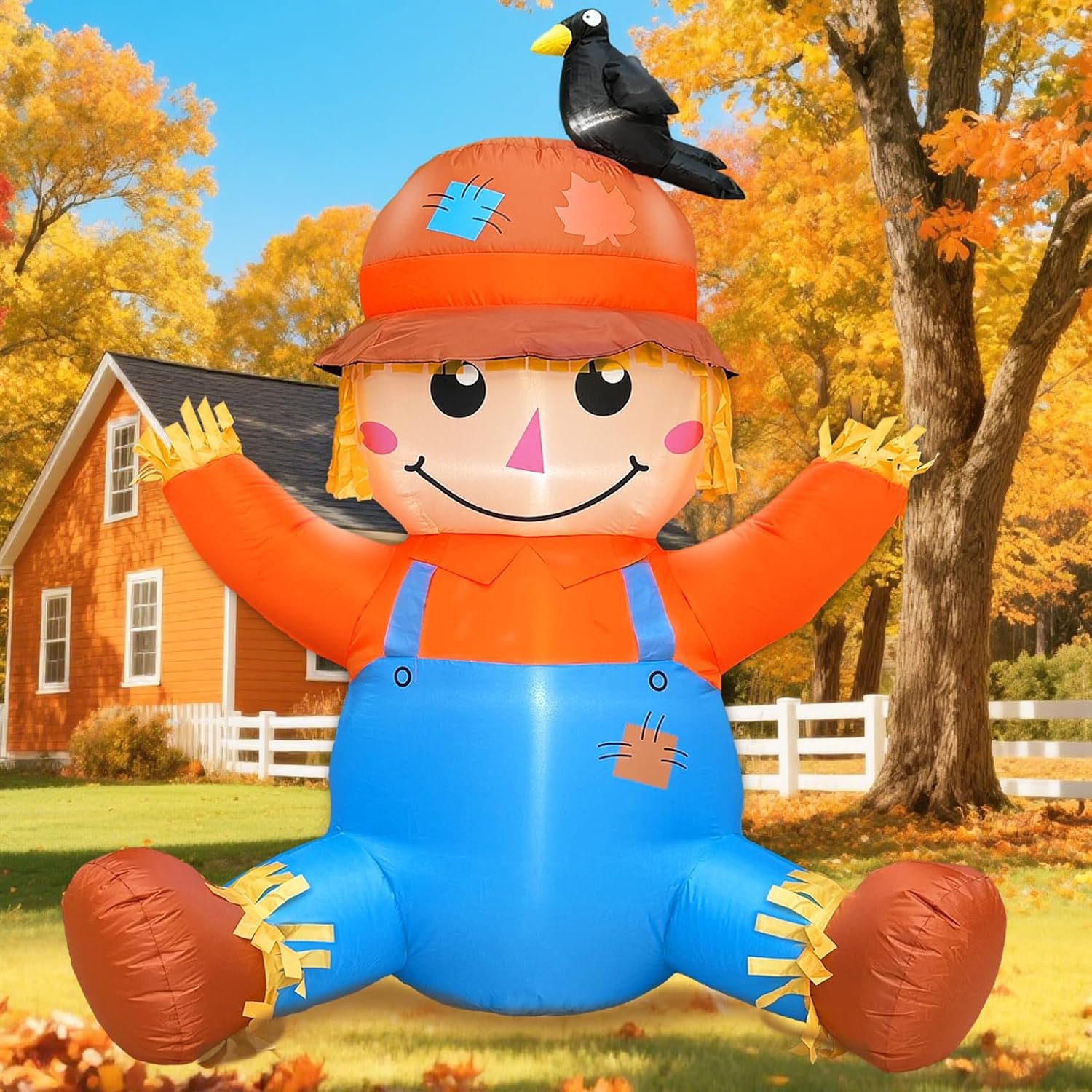TURNMEON 5FT Fall Thanksgiving Inflatables Outdoor Decorations, Inflatable Scarecrow with Crow Blow Up Yard Decorations Built-in LED Halloween Fall Harvest Thanksgiving Decorations Outdoor Garden Lawn