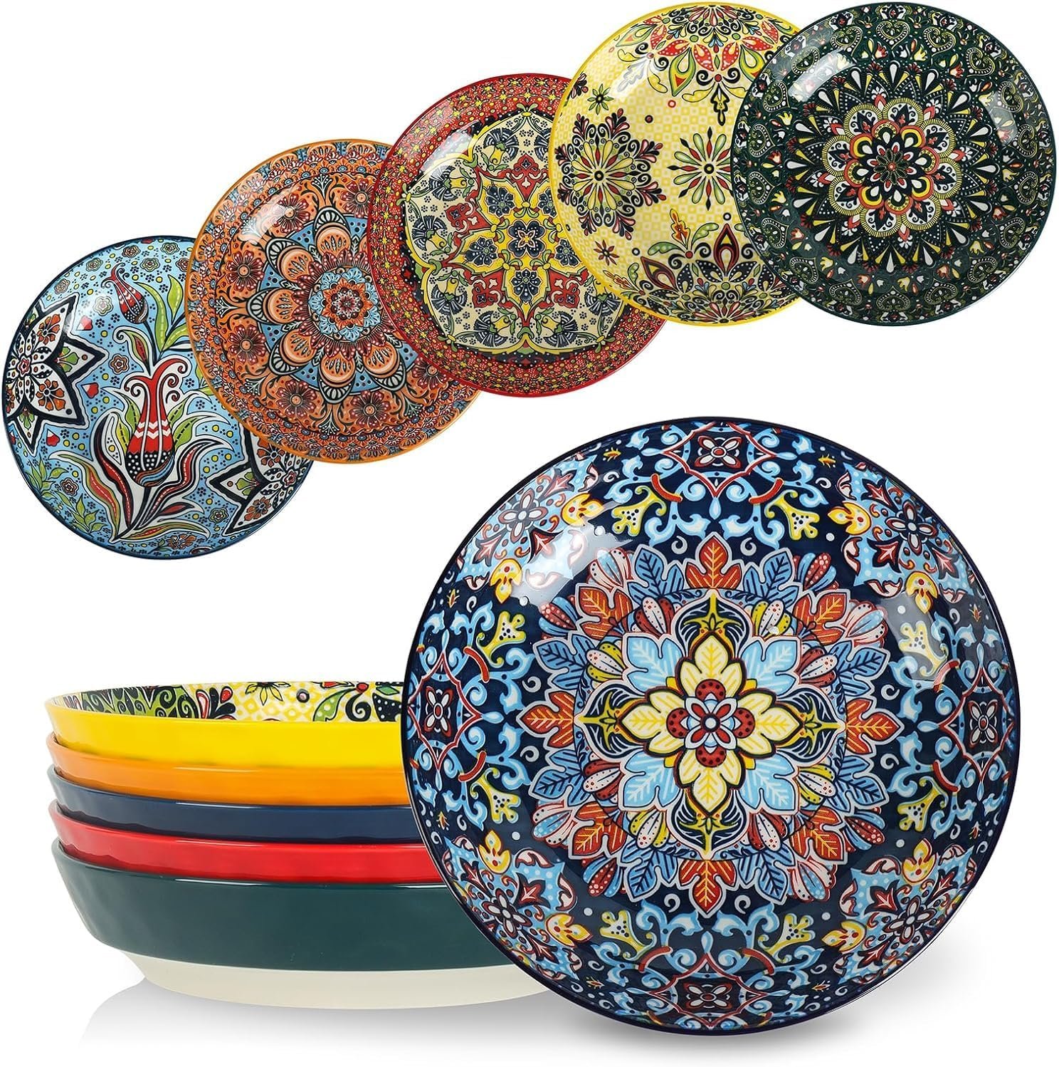KitchenTour Pasta Bowls Set of 6-30 oz Large Wide & Shallow Serving Bowl, Colorful Ceramic Salad Bowls for Everyday Dining – 8.2 Inch, Microwave and Dishwasher Safe, Bohemian Style
