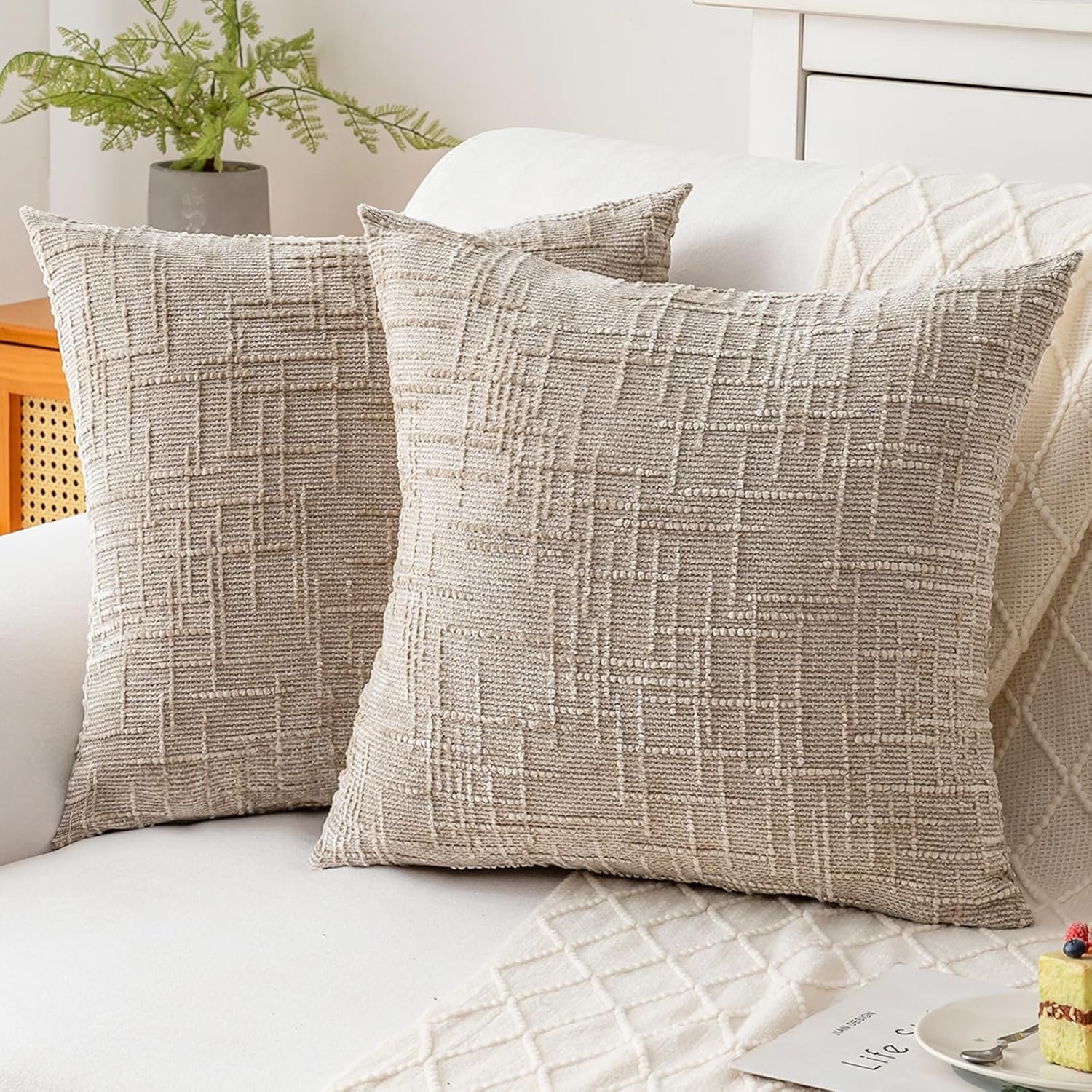 Decorative Throw Pillow Covers 18×18 Inch Set of 2, Soft Solid Farmhouse Chenille Couch Pillows, Spring Pillow Covers for Couch Sofa Bed Living Room Home Decor Pillowcase, Light Khaki