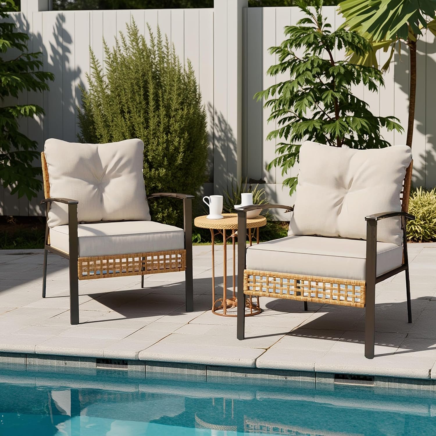 LAUSAINT HOME Outdoor Rattan Bistro Set, Patio Furniture Wicker Chairs Set of 2 with Deep Seating and Thick Cushions, Oversize Conversation Set for Garden, Balcony and Backyard (Beige)