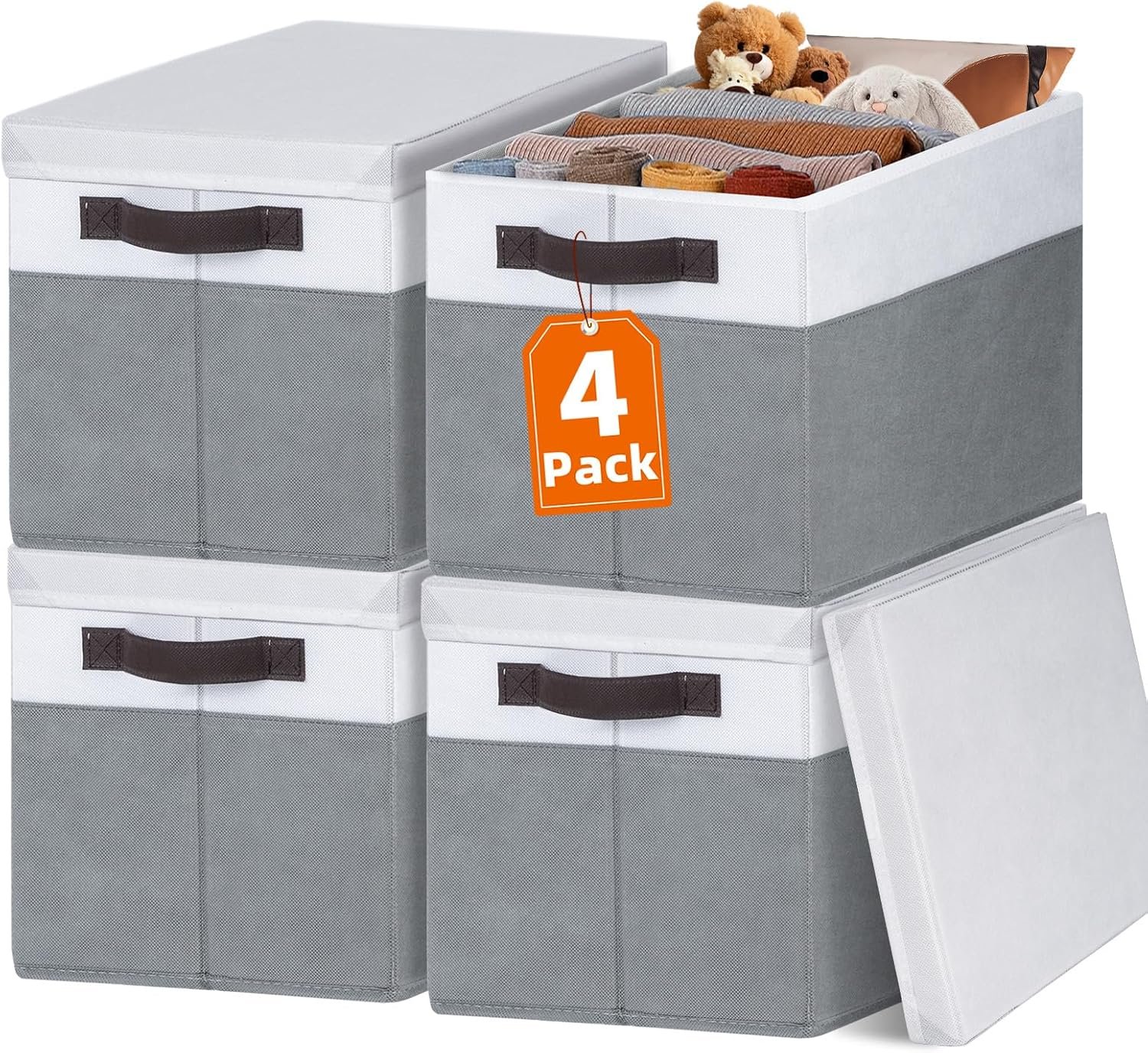 Large Closet Storage Baskets Bins with Lids 4 Pack, Storage Baskets for Organizing Shelves Nursery Bedroom, Home Dorm Closet Organizers Cubes for Clothes Toys Blanket Book – Stackable -14x10x9.5