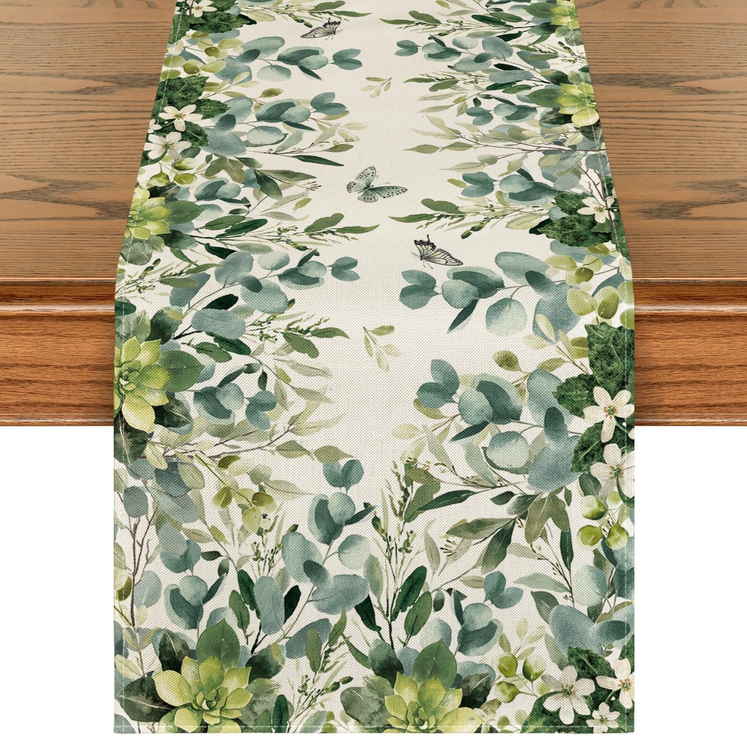 Artoid Mode Green Flowers Floral Eucalyptus Summer Table Runner, Seasonal Spring Kitchen Dining Table Decoration for Home Party Decor 13×72 Inch