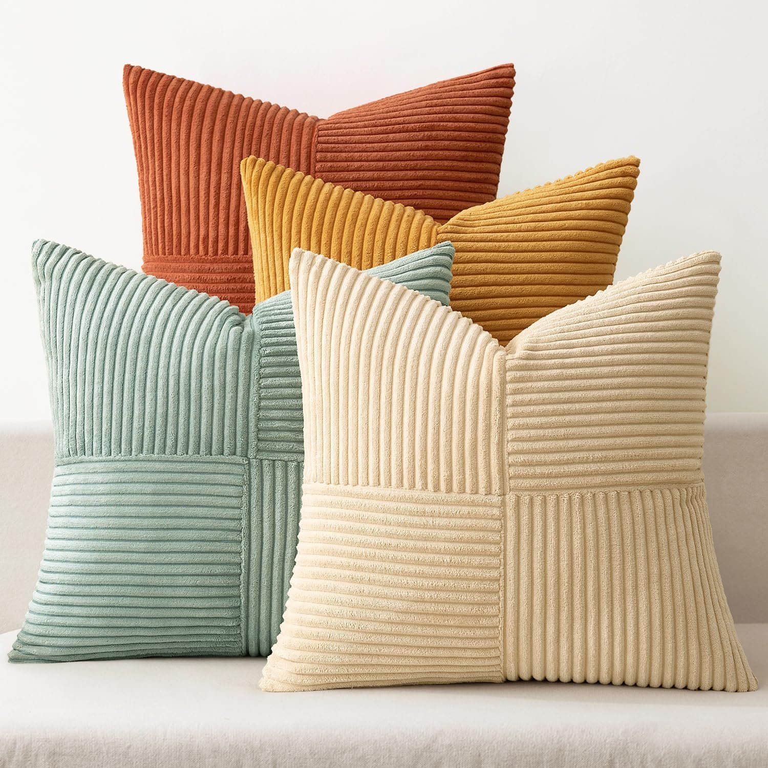 MIULEE Fall Teal Orange Decorative Throw Pillow Covers 18×18 Inch Set of 4 Boho Corduroy Striped Cushion Cases Modern Farmhouse Patchwork Pillow Cases for Couch Sofa Bedroom Home Decor