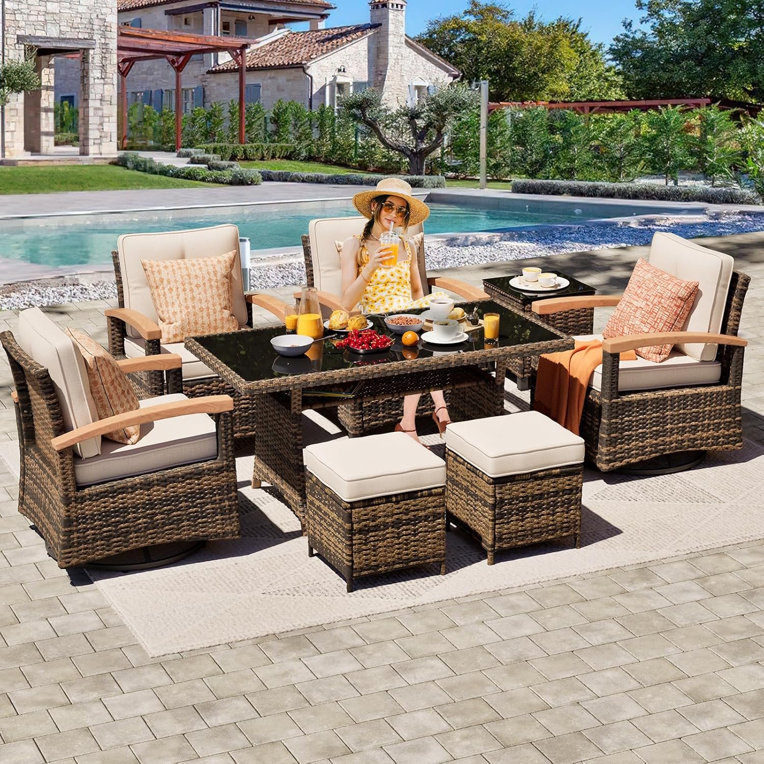 MEISSALIVVE 8 Pieces Patio Furniture Sets, PE Wicker Outdoor Conversation Sets with 2 Wood Armrests Swivel Rocker Chairs, 2 Fixed Single Chairs, 2 Ottomans and Dining Table(Beige)