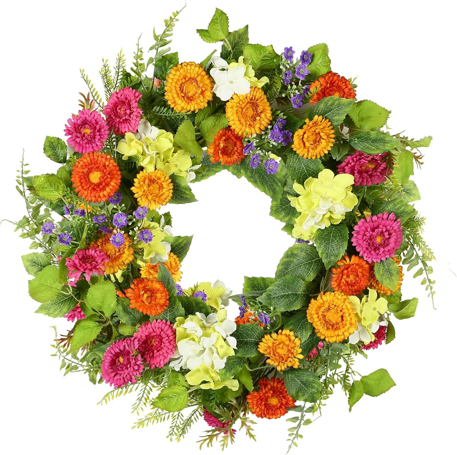 YNYLCHMX 20″ Spring Summer Wreaths for Front Door, Artificial Floral Wreath with Daisy Flowers Green Tea Leaves, Green Foliage Wreath for Wall Window Farmhouse Party Holiday Home Decor