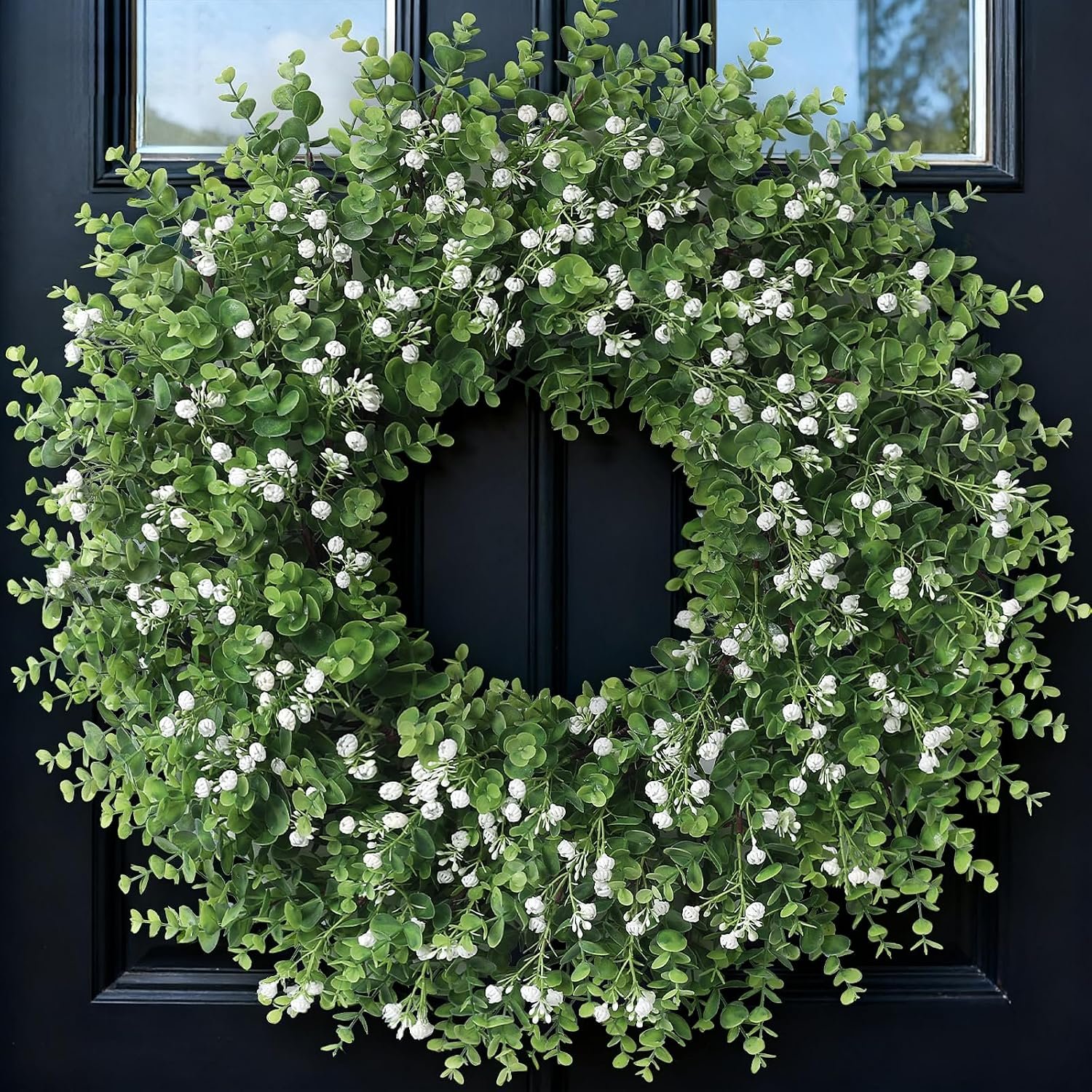 26″ Artificial Eucalyptus Wreath with Baby’s Breath for Home(White-Green) | Large Wreath,Premium Plastic,Faux Flowers Fake Greenery,for Front Door Porch Farmhouse Wall Window Outdoor All Seasons Decor