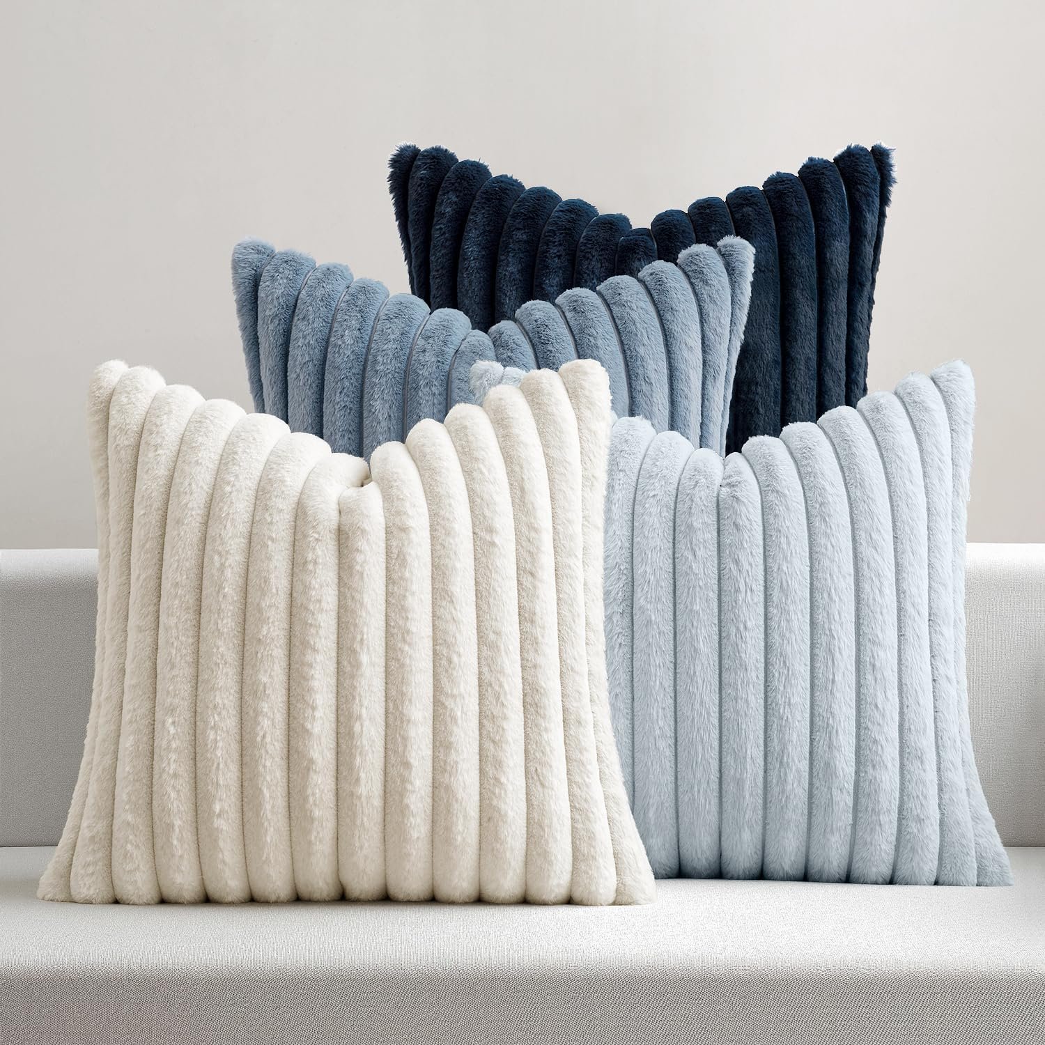 MIULEE Faux Fur Plush Decorative Throw Pillow Covers 18×18 Set of 4, Summer Modern Soft Fuzzy Coastal Striped Cushion Covers for Sofa Couch Bed Living Room Cozy Home Decor,Navy Blue