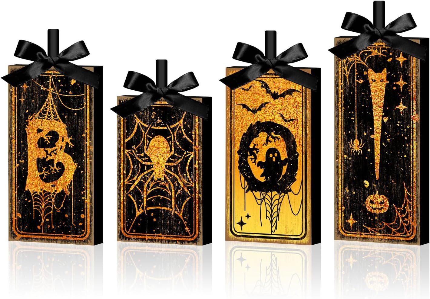4 Pcs Boo Halloween Sign Wooden Tiered Tray Decor, Spider Ghost Black and Gold Table Decor Farmhouse Rustic Halloween Decorations Party Tabletop Centerpieces for Home Kitchen Indoor Mantel