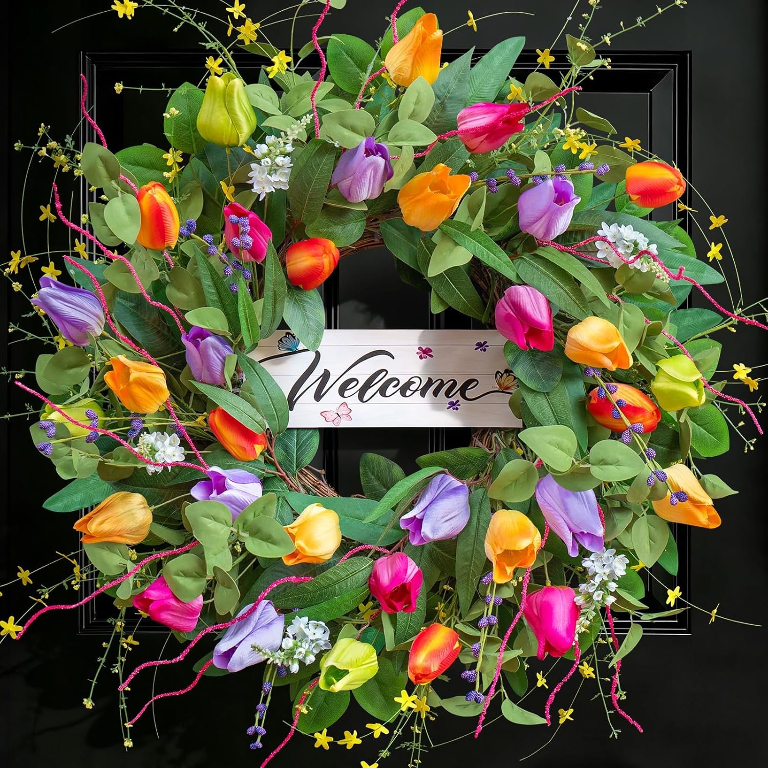 Summer Spring Wreaths for Front Door 26 Inch, Tulip Spring Summer Wreath with Welcome Sign, Artificial Floral Spring Door Wreath for Outdoor Front Door, Farmhouse Seasonal Summer Wreath