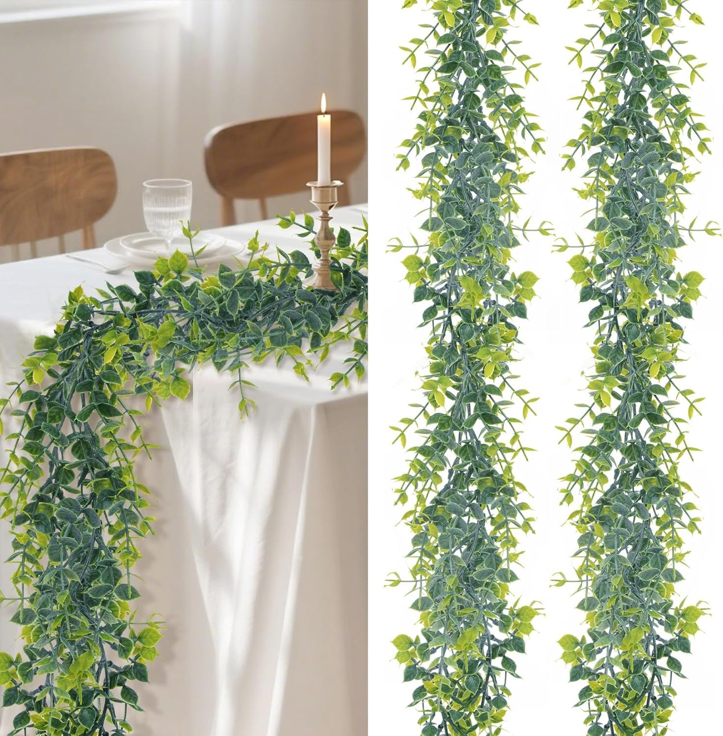 RAINFLOW 2 Pcs Eucalyptus Garland – Artificial Eucalyptus Vines Garlands Artificial Greenery Garland for Decoration Green Fake Vines for Wedding Backdrop Fireplace Wall Table Porch Staircase Decor