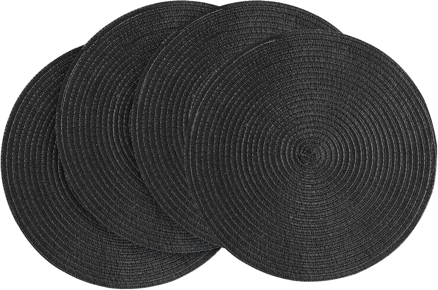 Floroom 15 Inch Round Braided Placemats Set of 4, Washable Heat Resistant Cotton Polyester Circle Place Mats for Kitchen Dining Table – Black