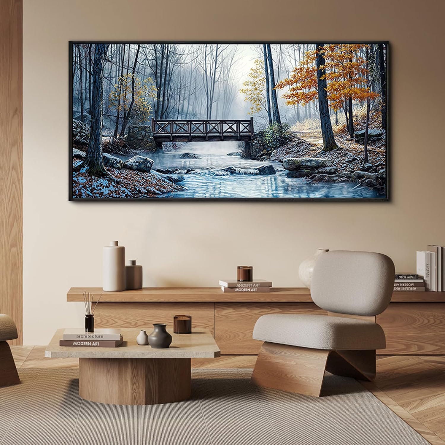 yiijeah Large Living Room Wall Art – Modern Wall Decor for Bedroom Office Decor Mountain Forest Landscapes Village Bridge Painting Framed Canvas Prints Ready to Hang Pictures Home Decor