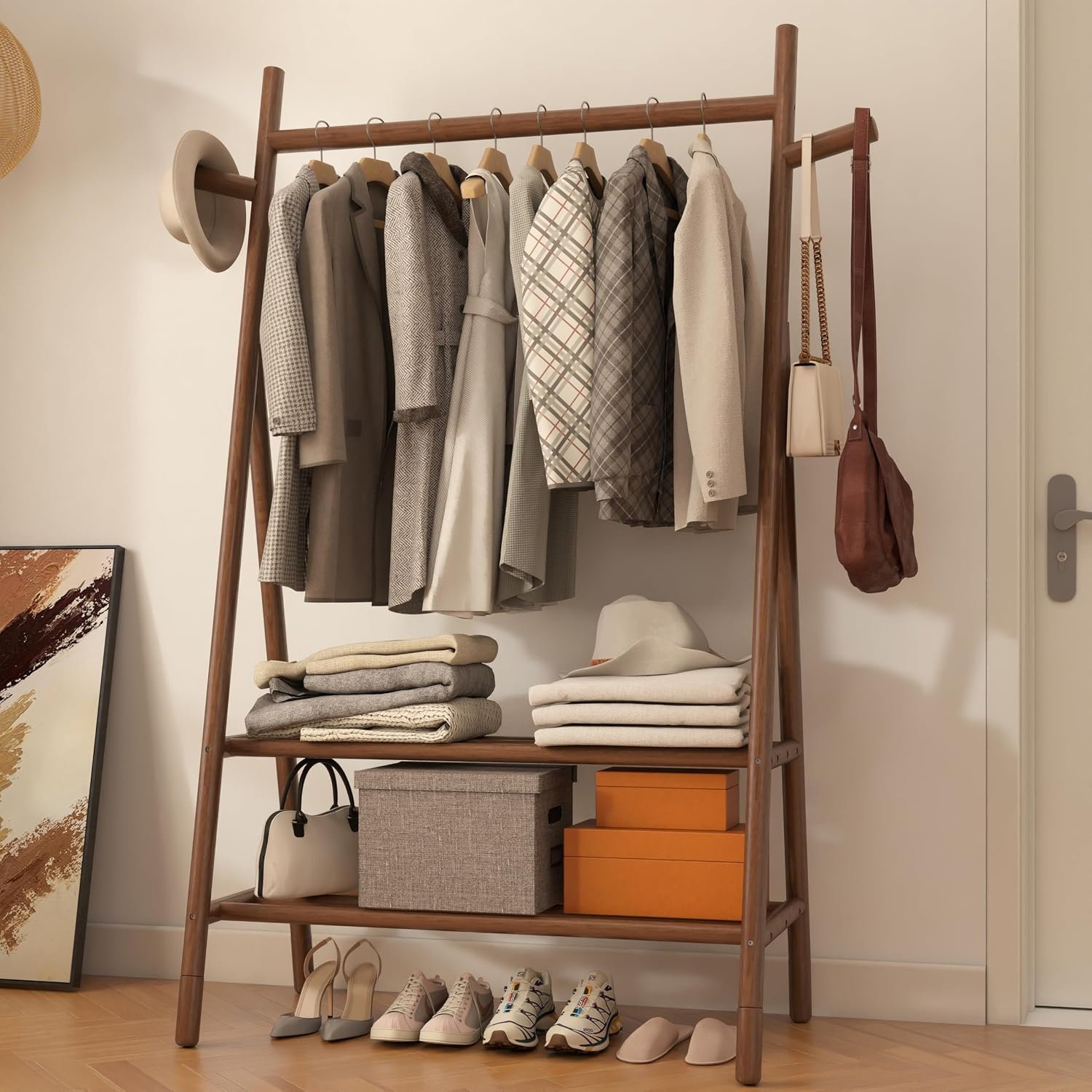 Solid Wood Clothes Rack with 2 Shelves & Hooks, Freestanding Garment Rack & Coat Rack Load 350 Lbs for Hanging Clothes & Organizer, Simple and Practical for Entryway Bedroom Living Room 39.5W WHITE