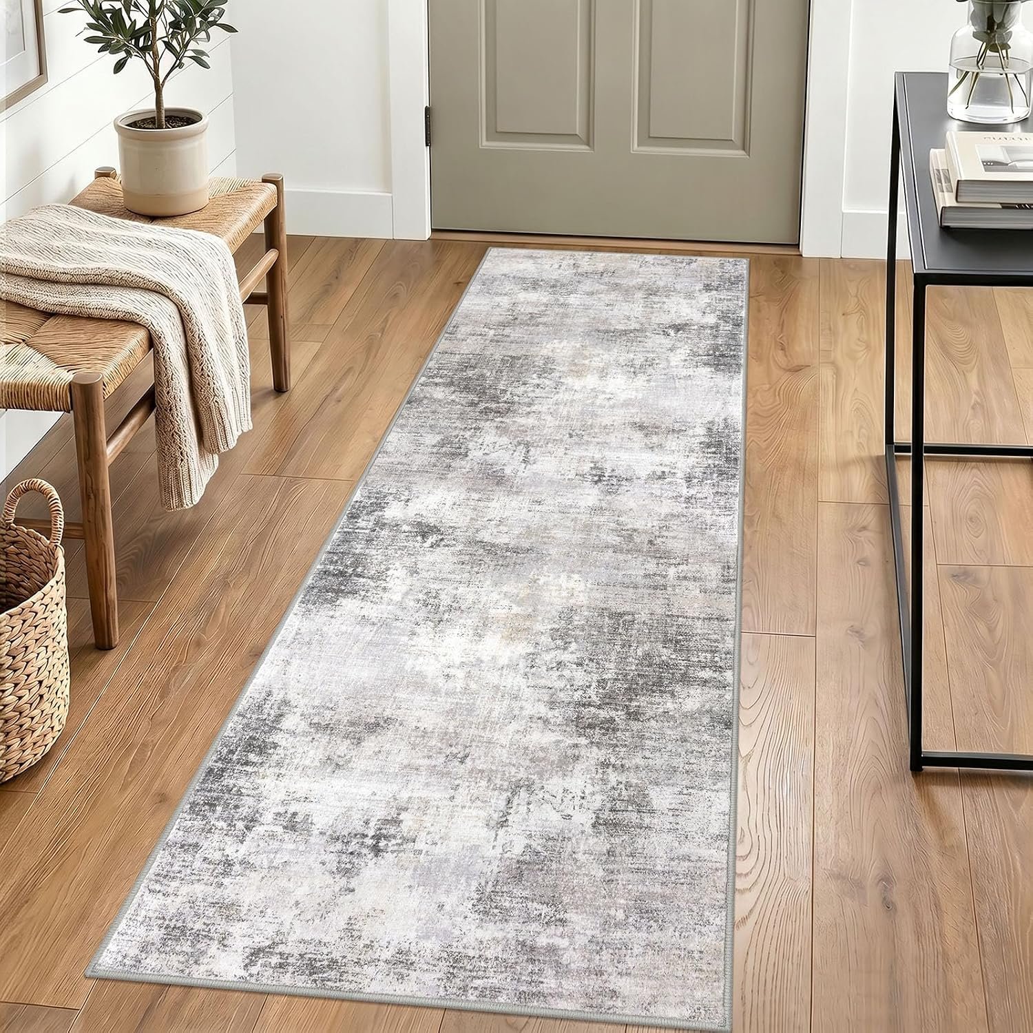 IOHOUZE Abstract Runner Rug 2×6 Ft Washable Runners for Hallways, Non Slip Kitchen Runner Printed Faux Wool Entryway Runner Indoor, Modern Abstract Floor Carpet for Hall Kitchen Bedroom, Grey Beige