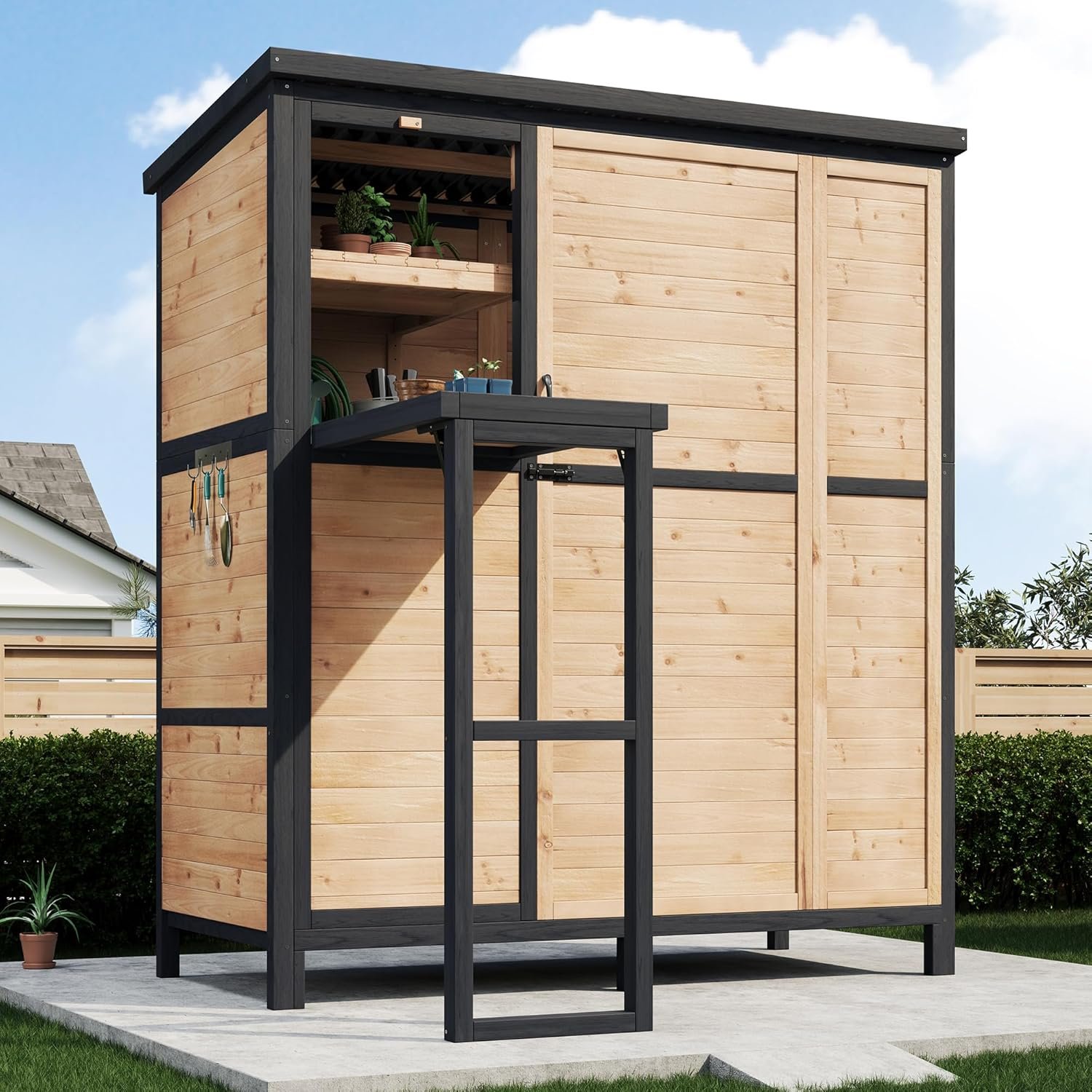 Jocisland Solid Fir Wood Outdoor Storage Shed,Garden Tool Shed with Foldable Workbench, Adjustable Shelves,Sloping Roof,Weatherproof Utility Cabinet for Backyard,Patio&Lawn, Poolside,2.76×5.15×5.9 FT