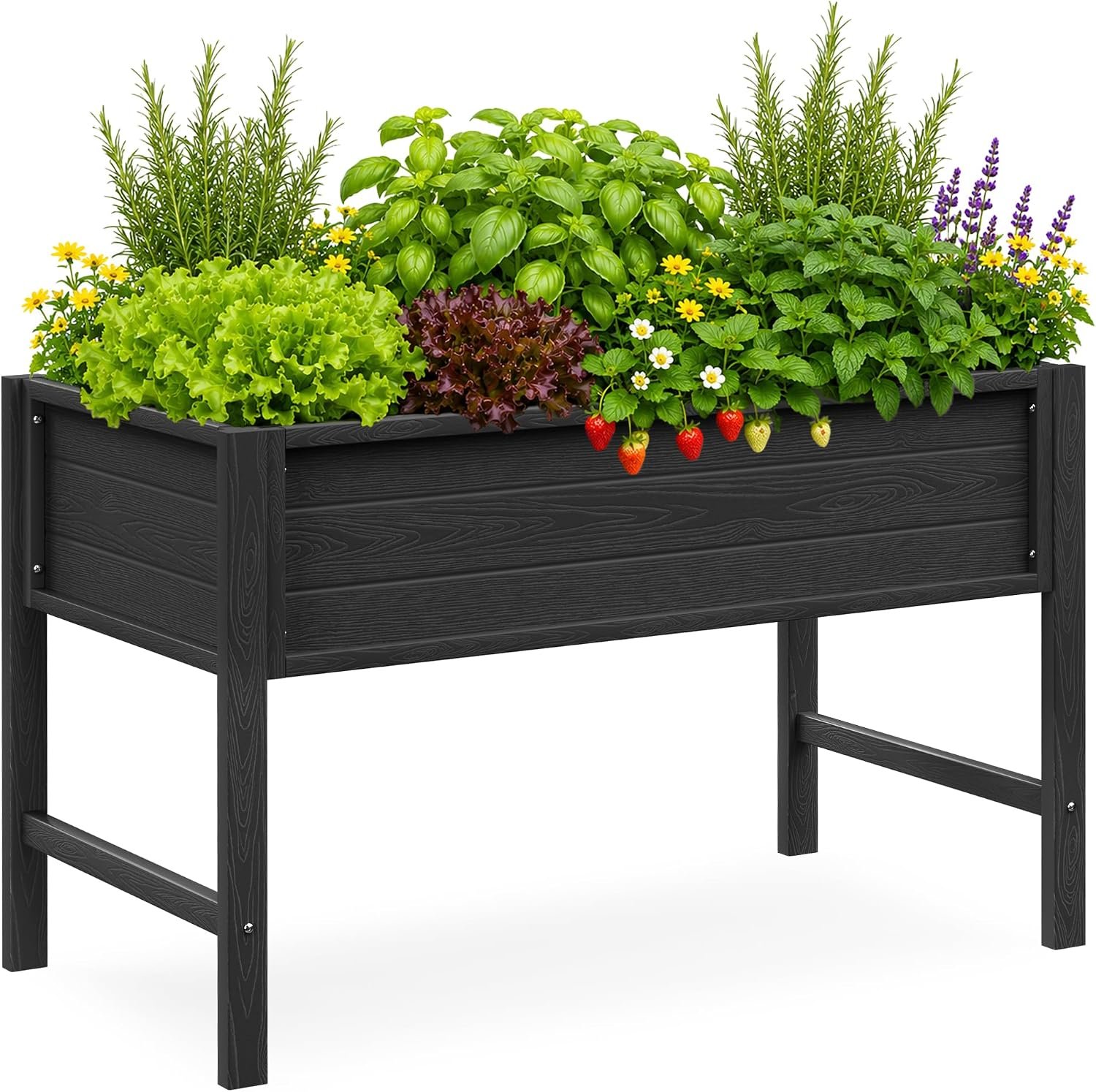YEFU 48″ Raised Garden Bed with Legs, HIPS Outdoor Garden Bed, Black | Raised Garden Bed with Legs for Patios & Decks, 30″ Height, Wood-Look HIPS, Drainage, 385 lbs Support for Vegetables & Herbs