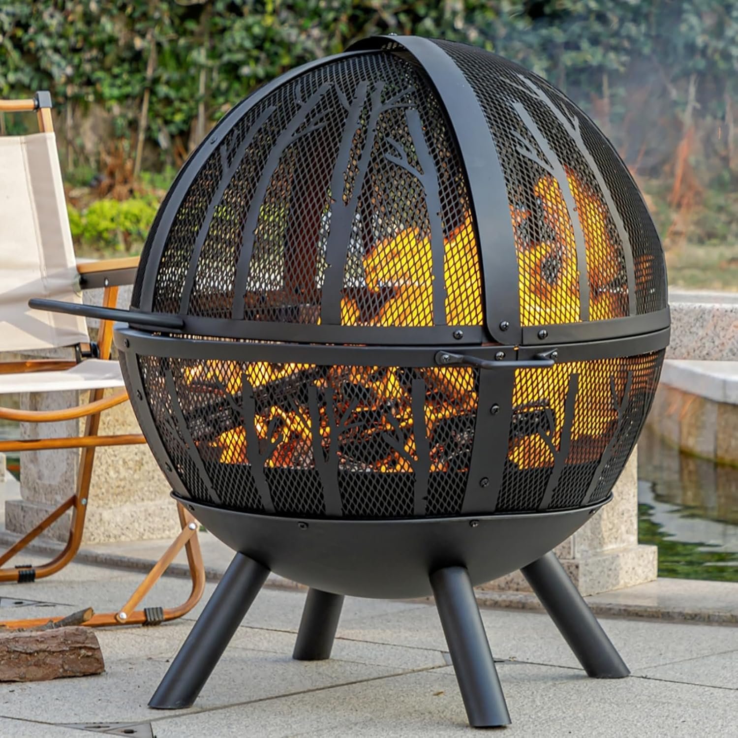 Panovue 35 Inch Wood Burning Fire Pit with BBQ Grill, Heavy Duty Fire Pits Ball for Outside with Spark Screen & Removable Ash Pan, Outdoor firepit & Fireplace for Bonfire in Garden, Yard
