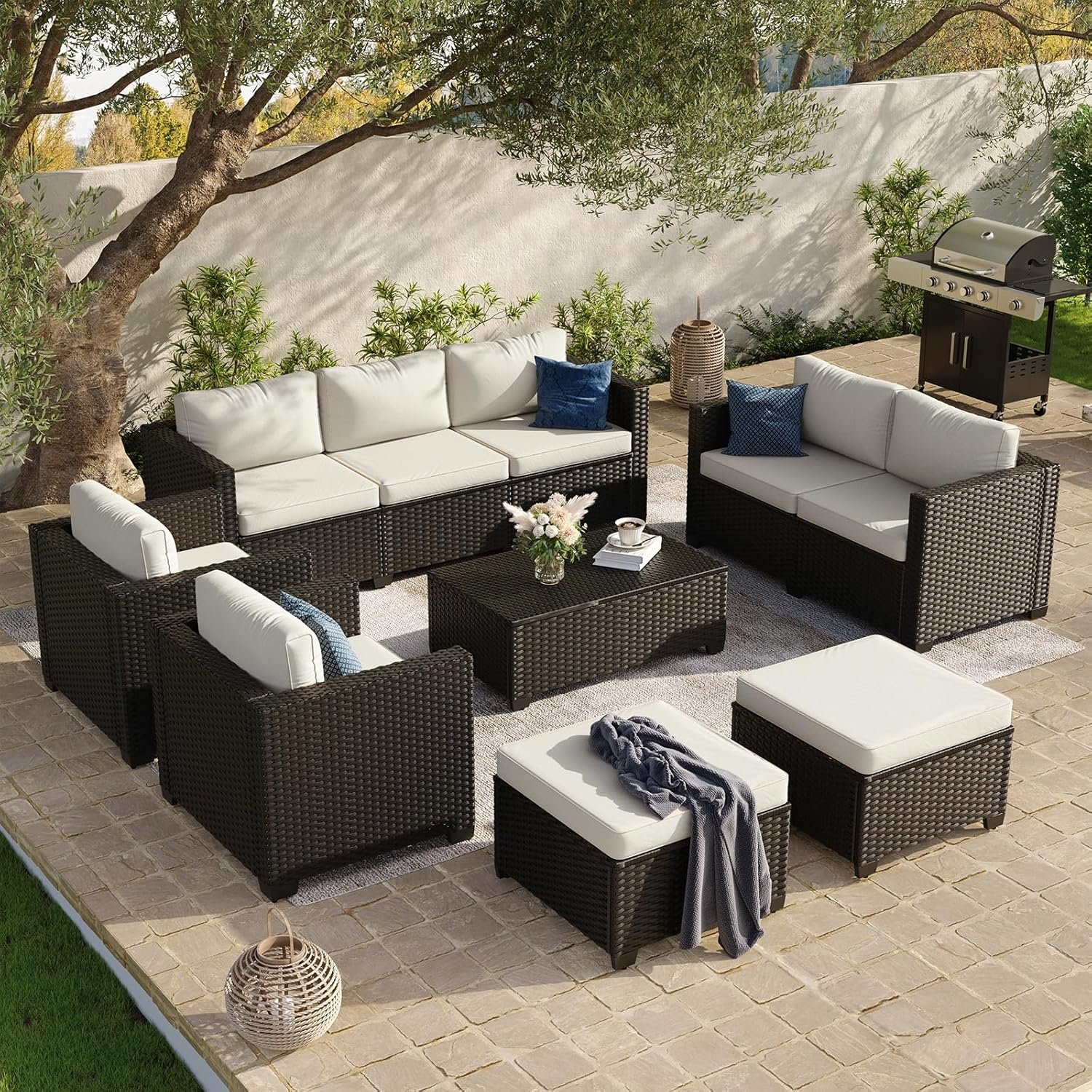 Aoxun 10 Piece Outdoor Patio Furniture Set 9 Seats, Outdoor Sectional with Thick Waterproof Cushions, Patio Conversation Sets for Garden,Backyard, Porch, Balcony, Black & Beige