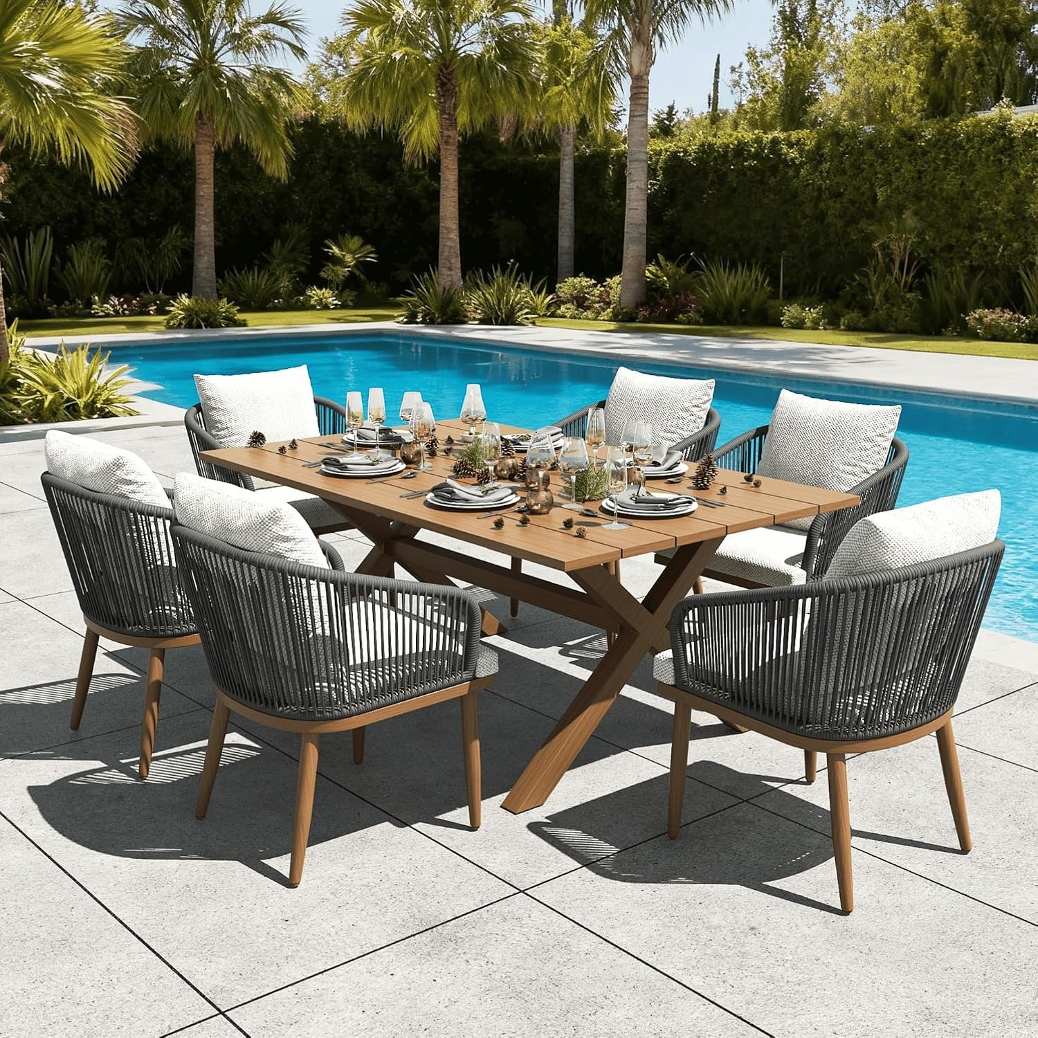 LayinSun 7 Pieces Outdoor Patio Dining Set, Aluminium Rectangular Dining Table and Wicker Rattan Chairs Set for Outside Backyard, Poolside