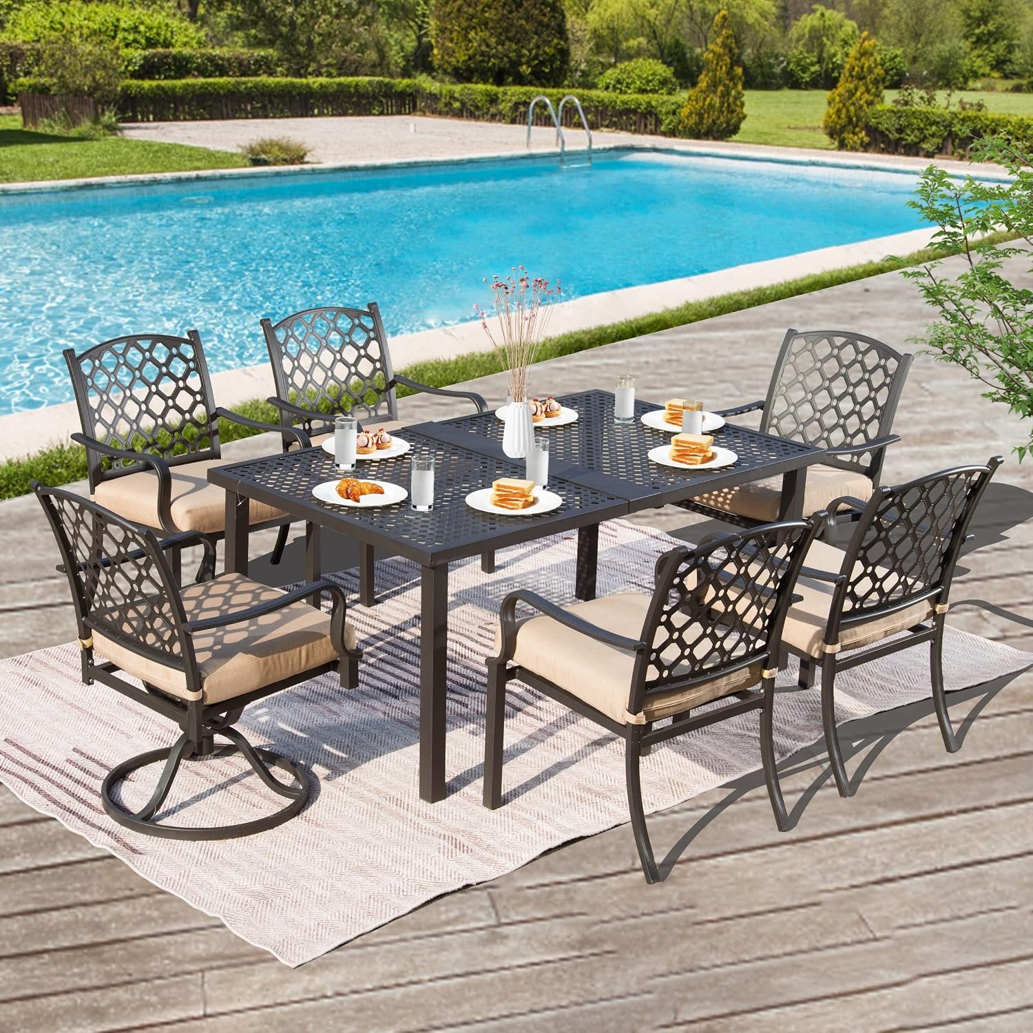 Domi 7 Pieces Patio Dining Sets All-Weather Metal Outdoor Modern Dining Sets with Table for Lawn Garden Backyard Deck with Cushions-Beige