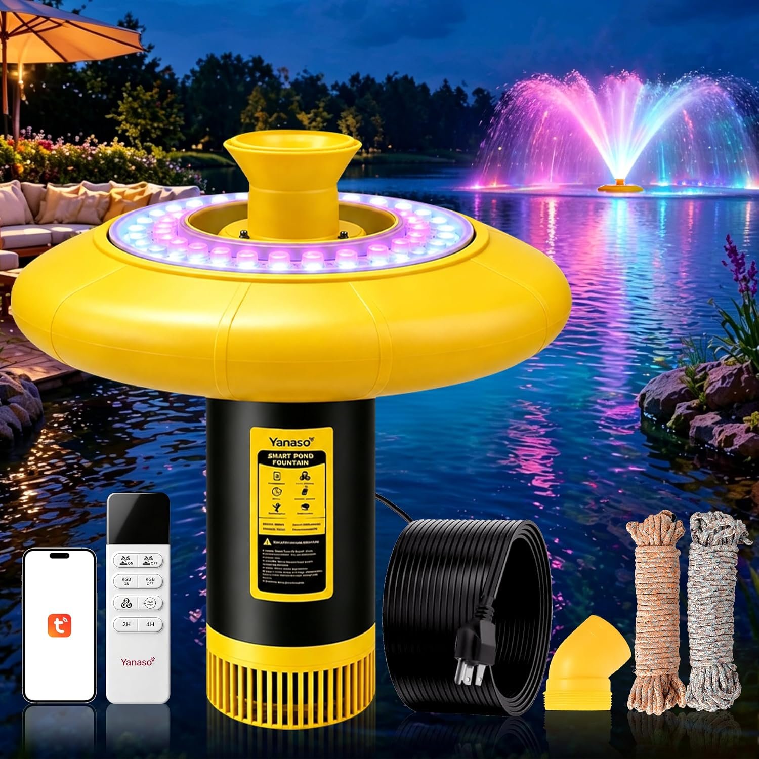 Pond Fountain Aerator with RGB Lights, 1HP 15000 GPH Floating Fountain Pump for Pond & Lake, APP & Remote Control, 110V 750W Water Circulation System, 100FT Cord, 2 Spray Patterns, Timer