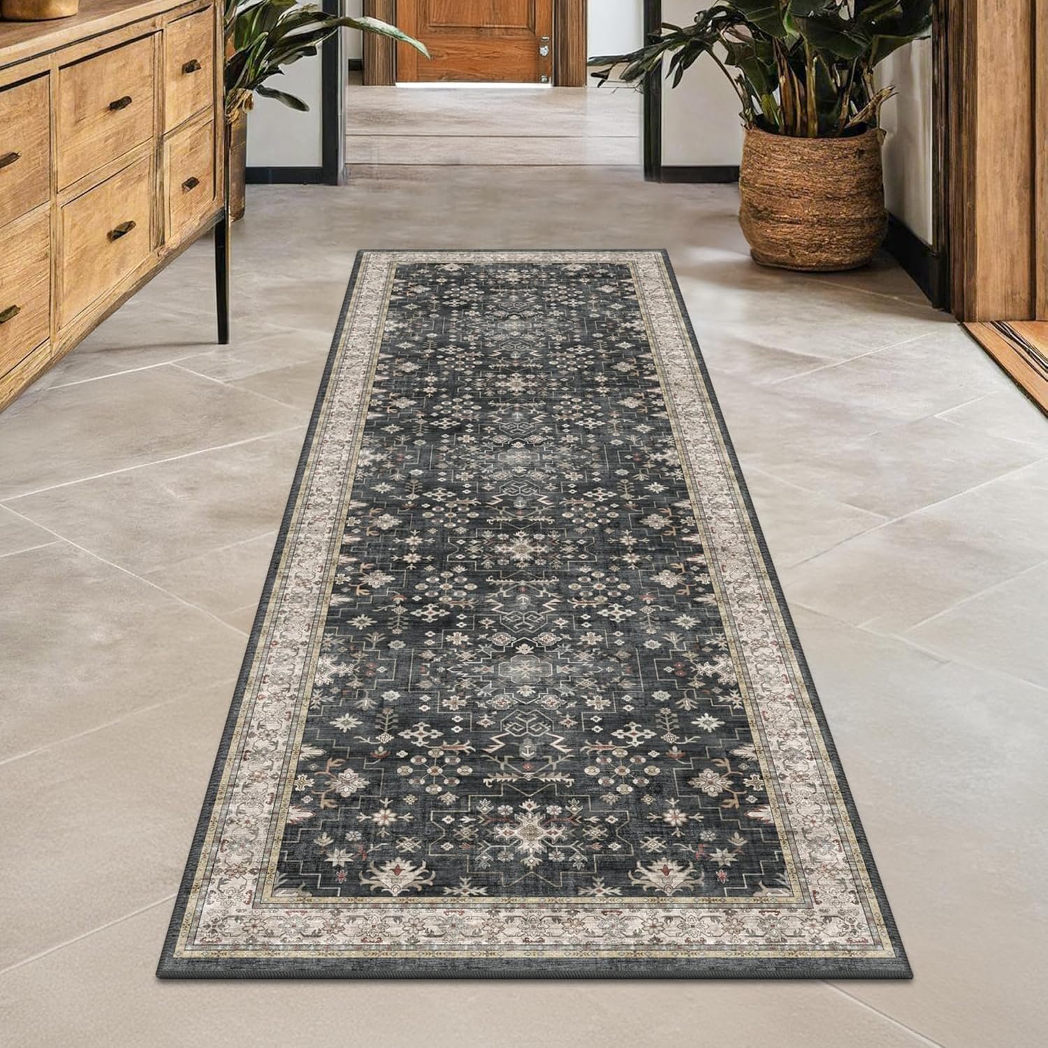 Black Boho Washable 2×6 Runner Rugs for Hallway Kitchen Bedroom Beside Laundry Room Bathroom Rug, Pet & Kids Friendly, Non Slip Low Pile Stain Resistant Soft Foldable Long 24 x 72 Floor Carpet