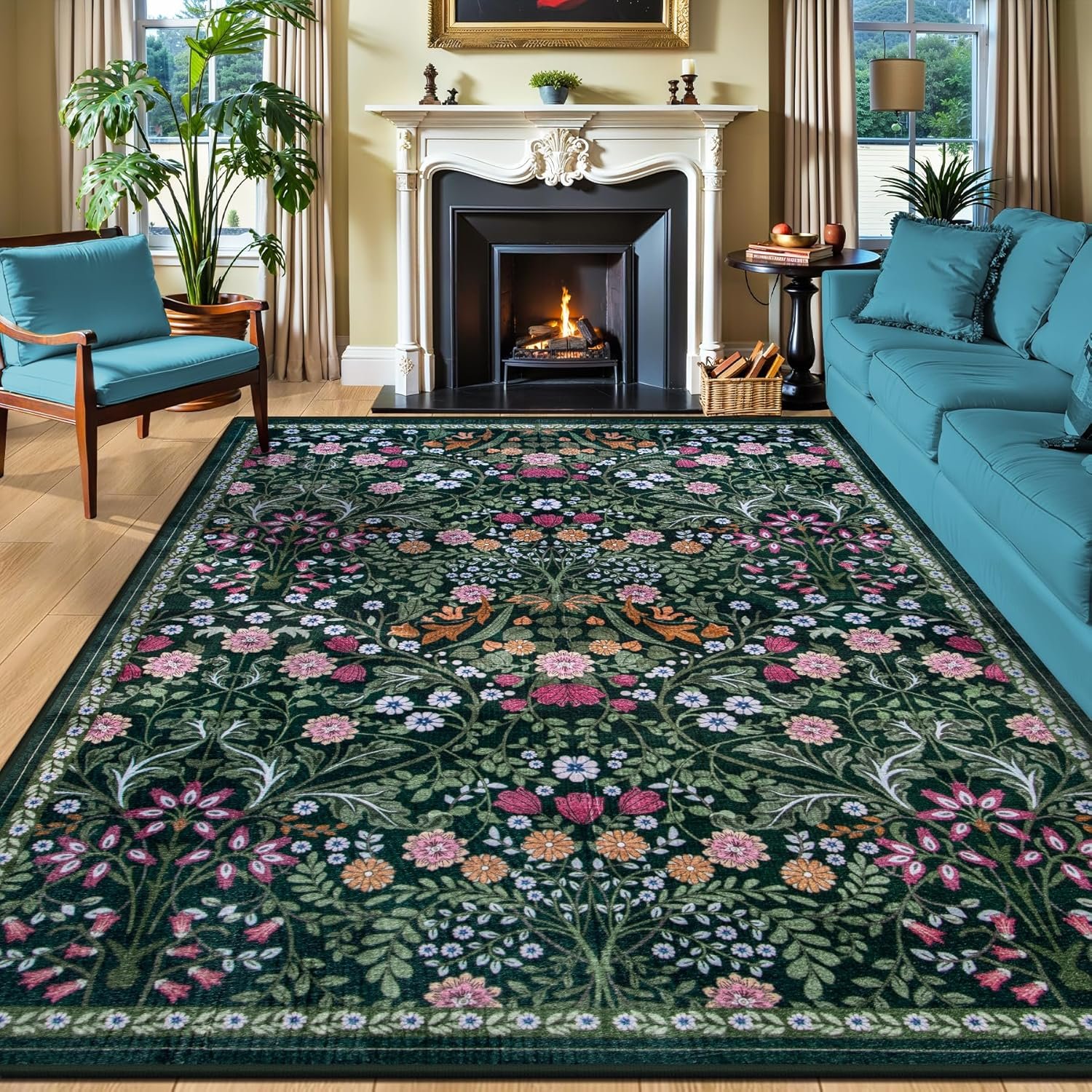Area Rugs 9×12 Living Room: Floral Washable Rug Vintage Large Soft Boho Non-Slip Carpet Indoor Floor Stain Resistant Low Pile Carpets for Bedroom Dining Room Farmhouse Nursery Home Office Dark Green