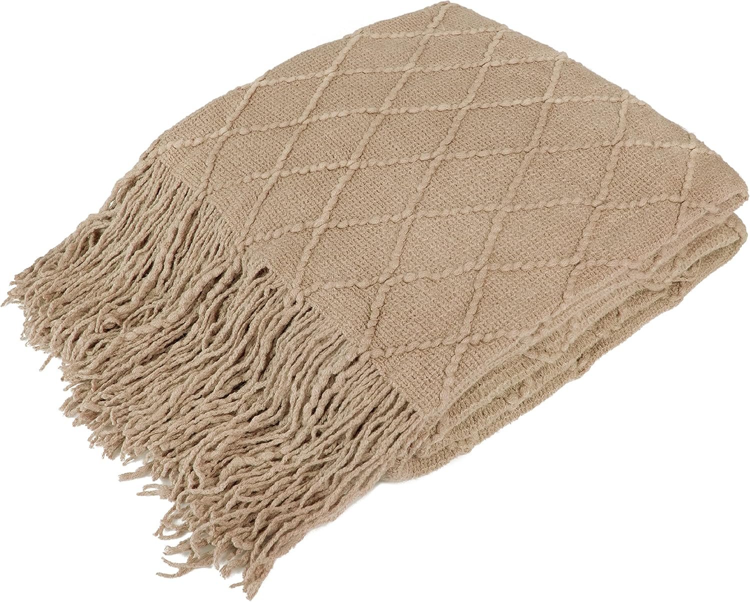 PAVILIA Tan Taupe Knit Throw Blanket for Couch Bed, Soft Knitted Farmhouse Sofa Throw for Living Room, Lightweight Decorative Fall Throw Blanket for Chair, Outdoor Textured Boho Blanket, 50×60