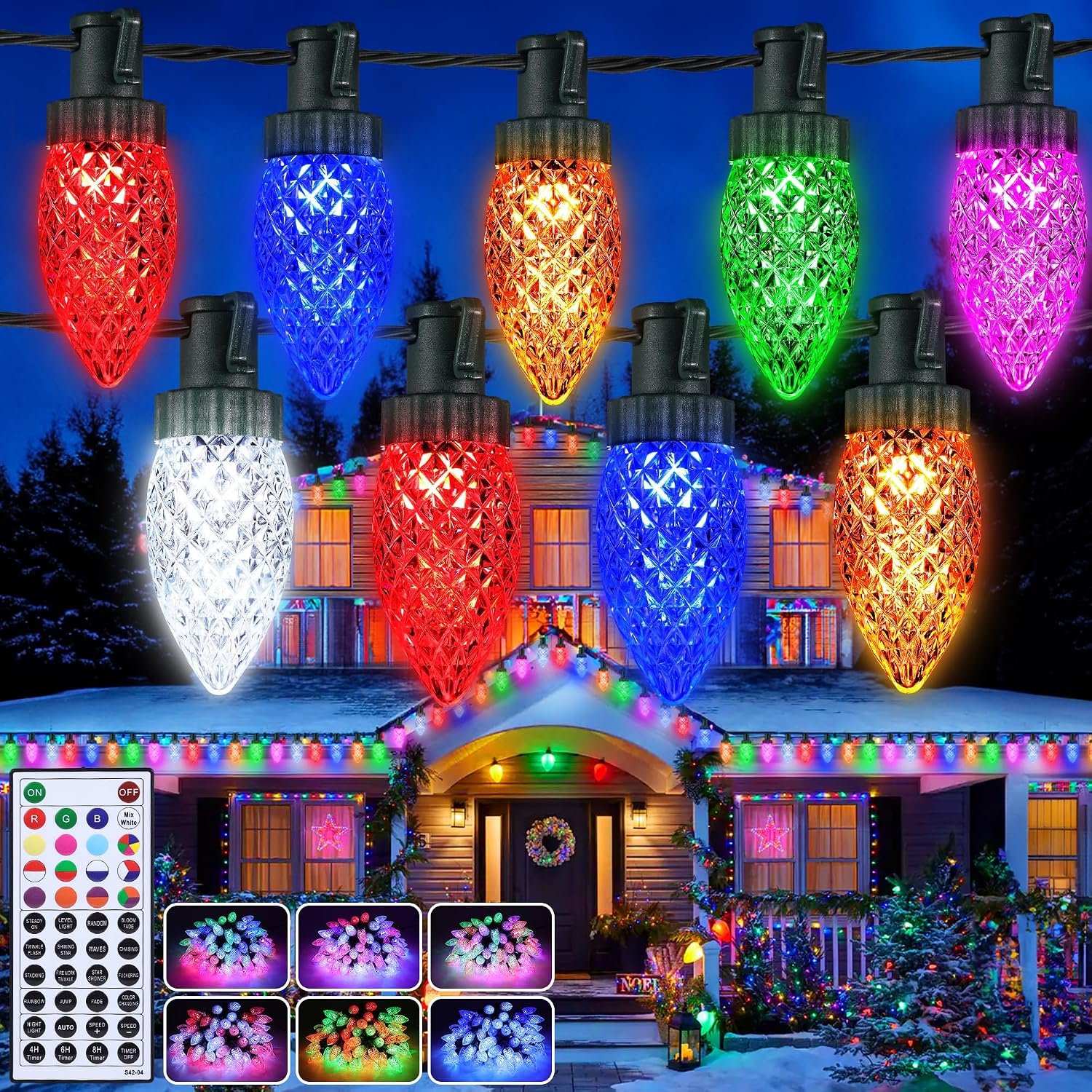 iBaycon RGB C9 Christmas Lights, 65FT Color Changing String Lights, Connectable Remote Control Waterproof Outdoor, C9 String Light for Xmas Tree House Eaves Roof Christmas Holiday Decor