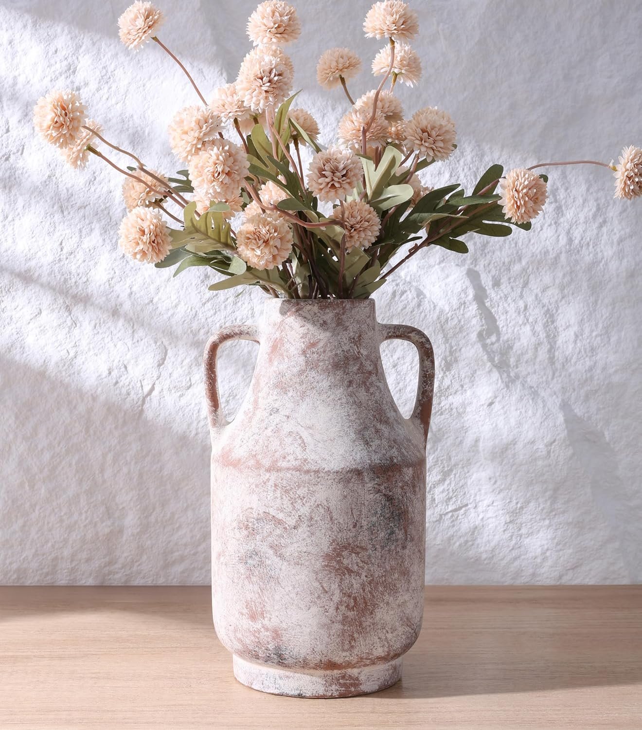 Ceramic Flower Vase with Handles, 11 in Tall Rustic Farmhouse Pottery Vases Decorative Large Vases for Living Room Entryway Kitchen Table Centerpieces Home Decor,Neutral