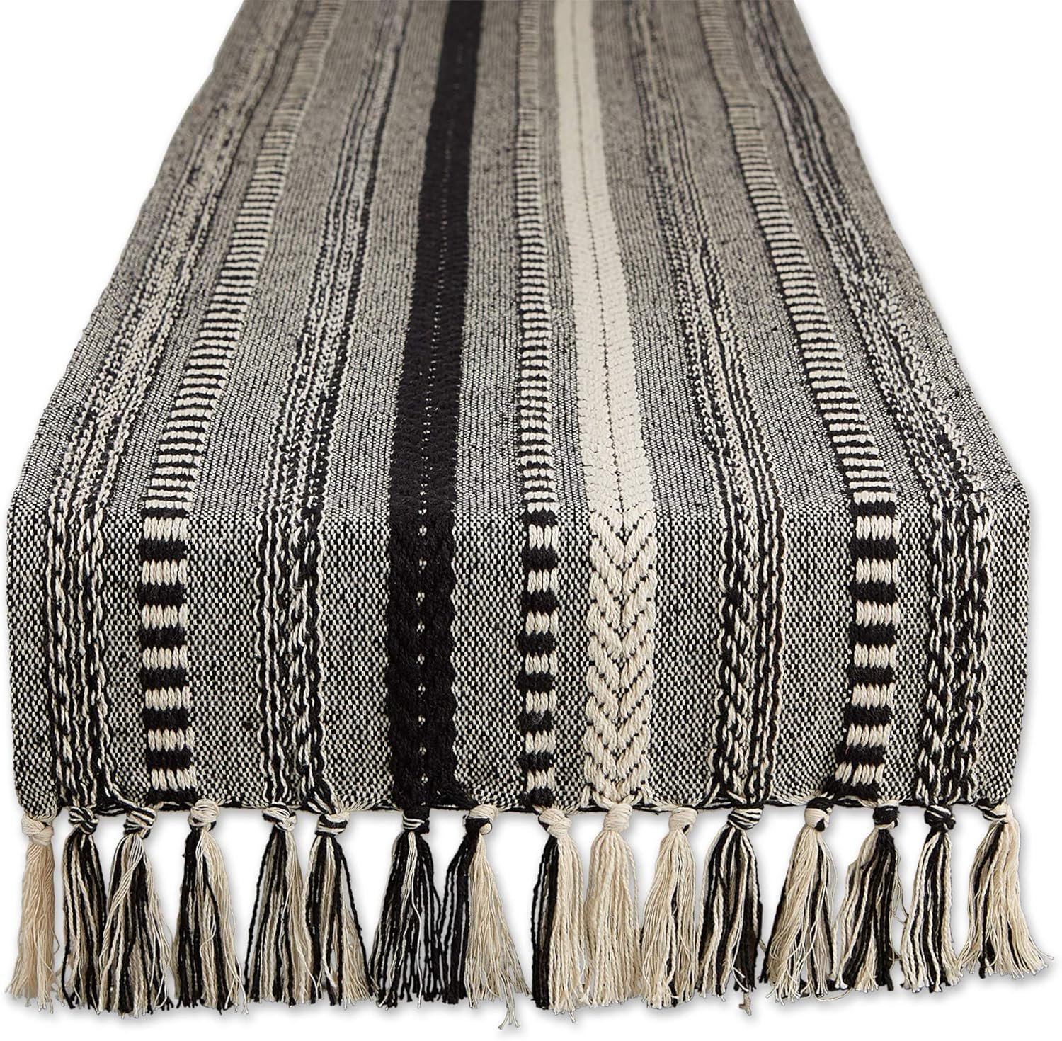 DII Farmhouse Braided Stripe Table Runner Collection, 15×72 (15×77, Fringe Included), Black
